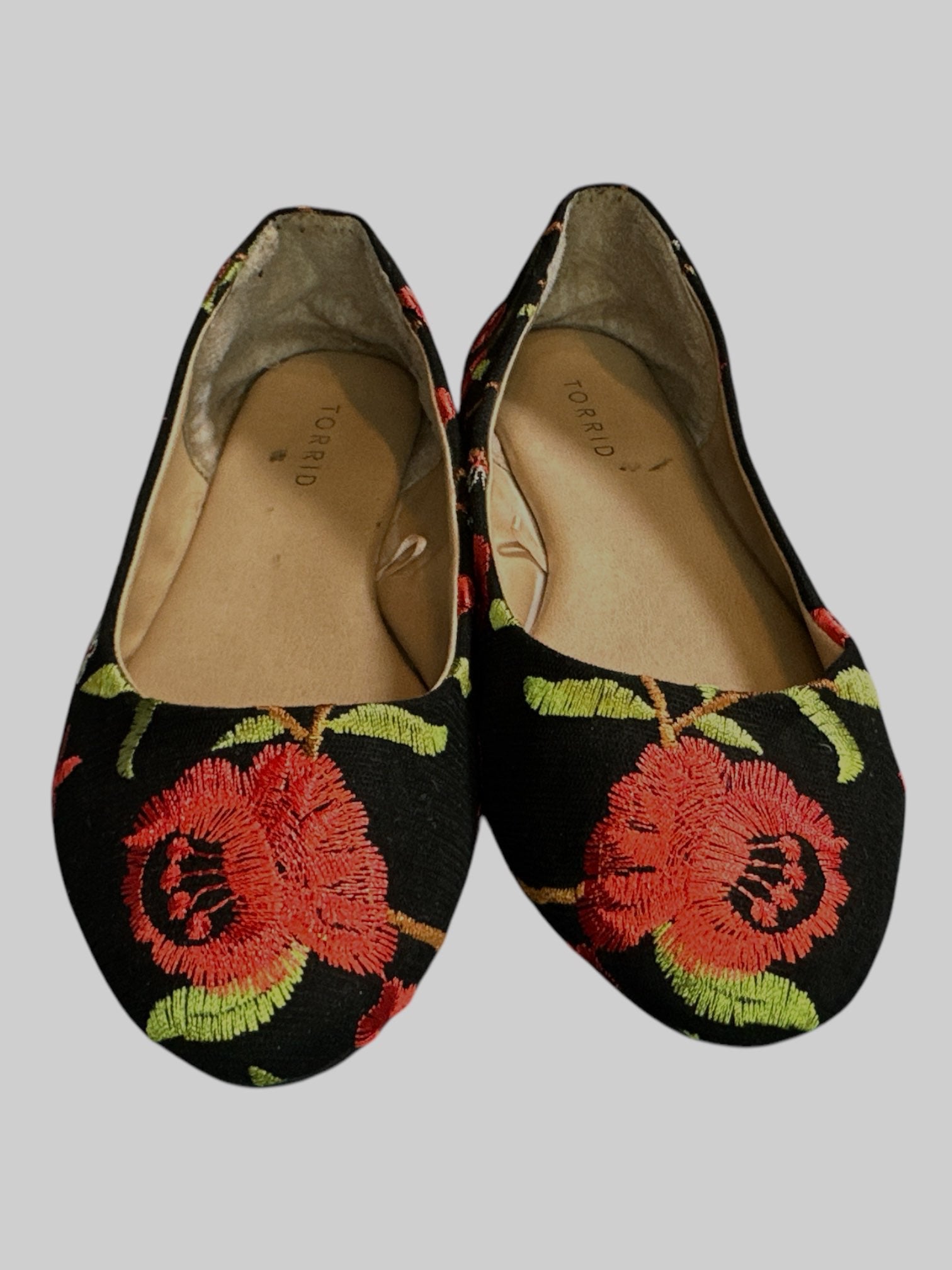 9W Black Flats with Red and green botanical embroidered details