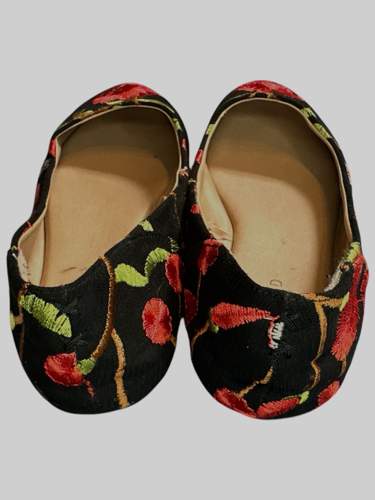9W Black Flats with Red and green botanical embroidered details