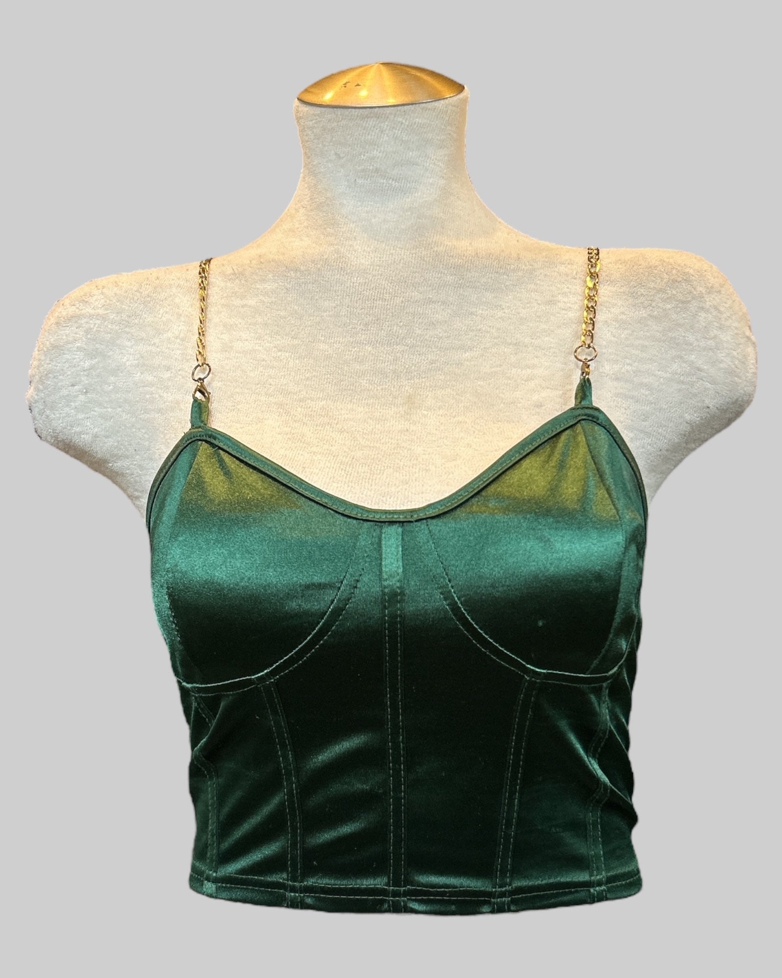 S Emerald green corset like cropped top with gold chain links