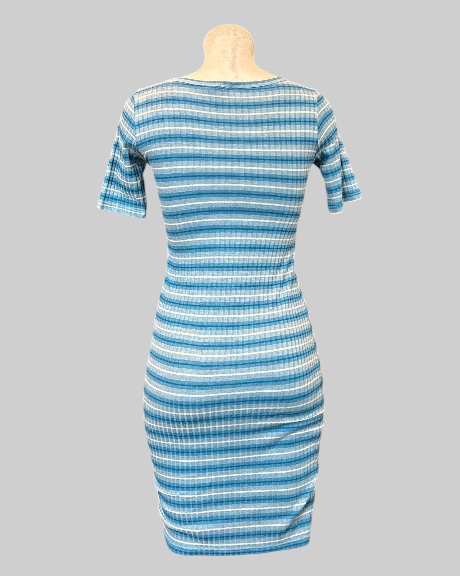 S Stretchy blue and white stripped ribbed body con dress