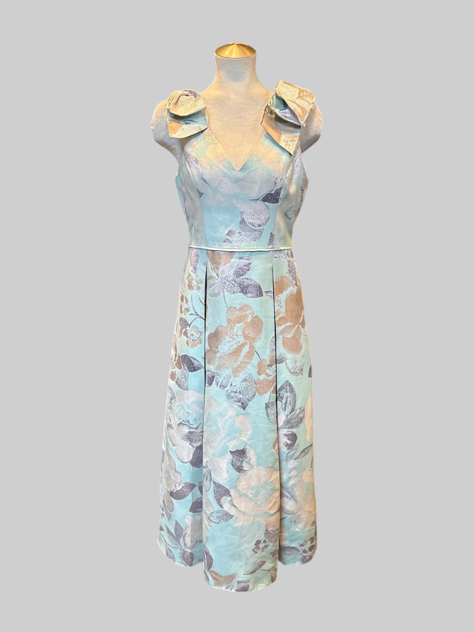 M Light blue pleated maxi dress with metallic flower, print and shoulder bows and petticoatn