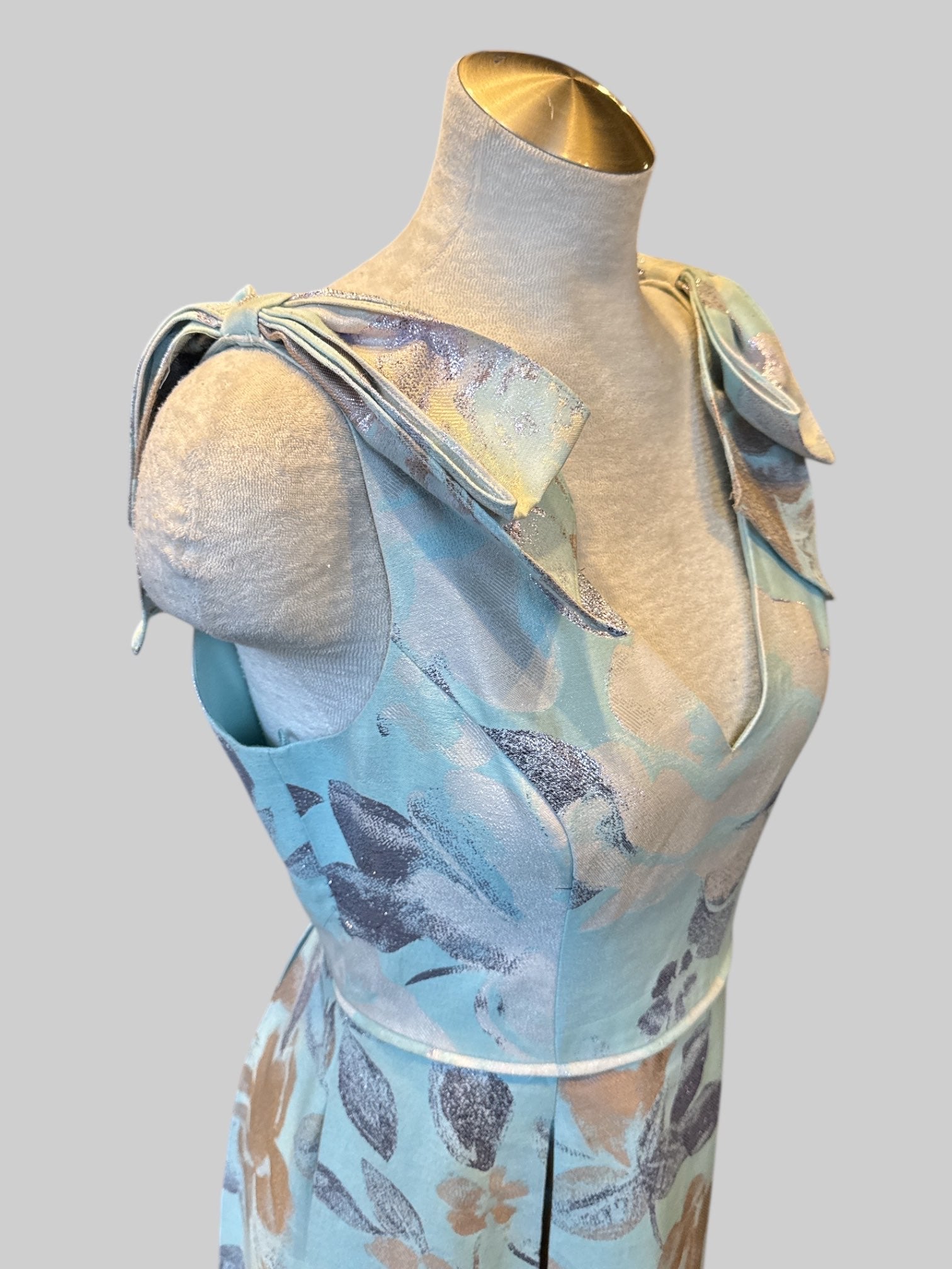 M Light blue pleated maxi dress with metallic flower, print and shoulder bows and petticoatn