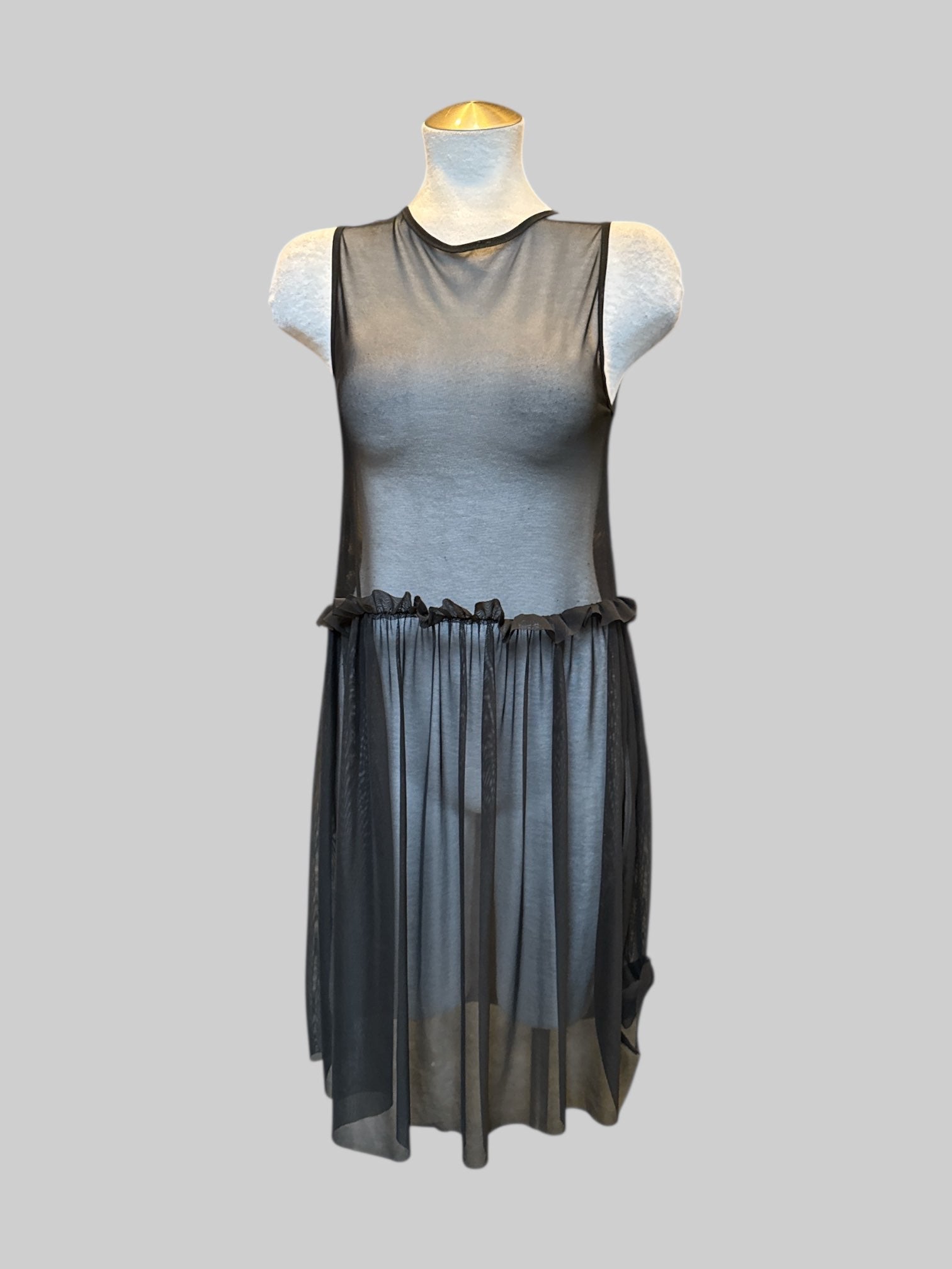 M NWT black mesh dress with waist ruffles