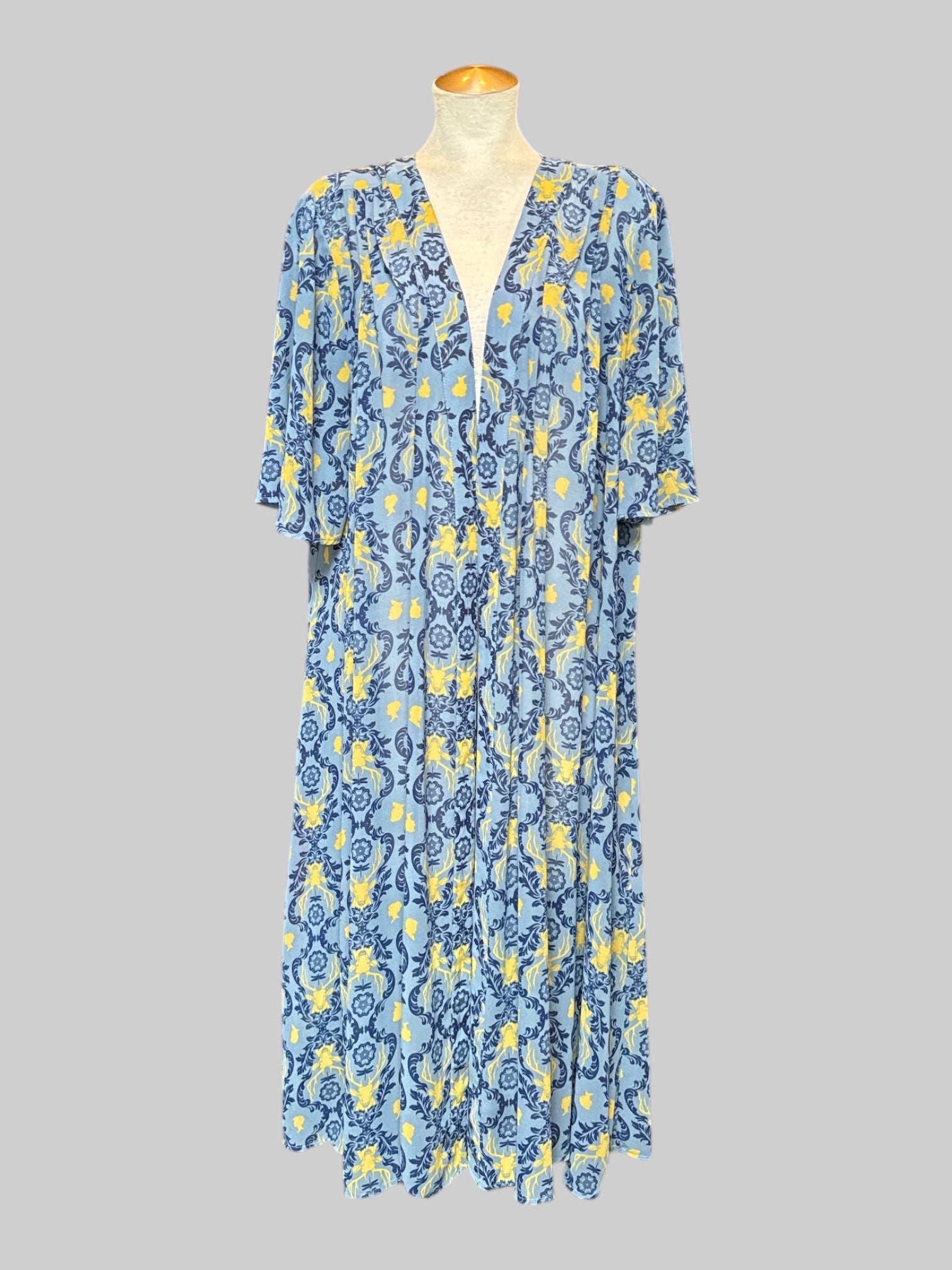 3X Outlander blue and yellow pattern lightweight maxi cardigan