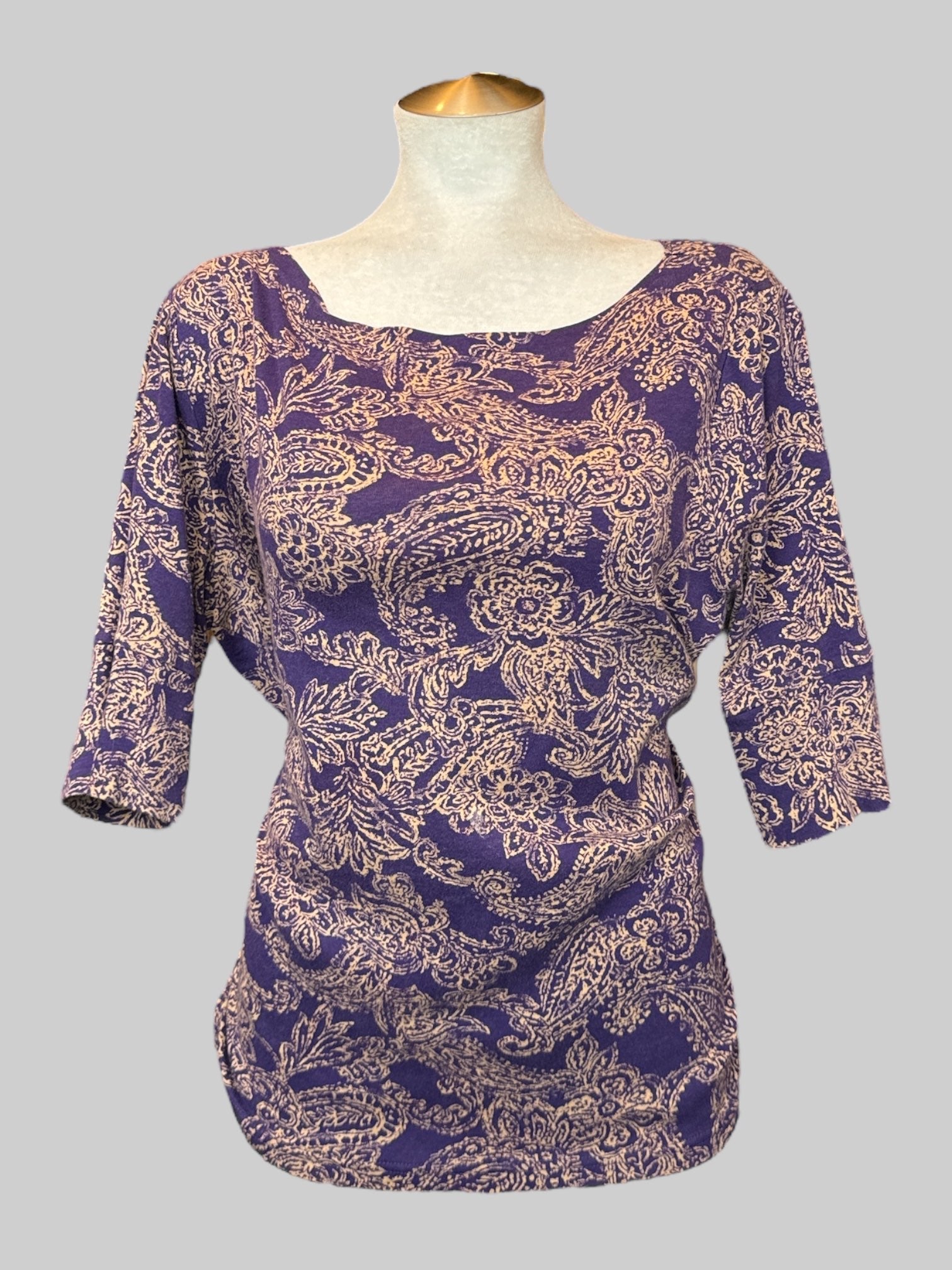 2X purple and yellow paisley pattern shirt, has stretch