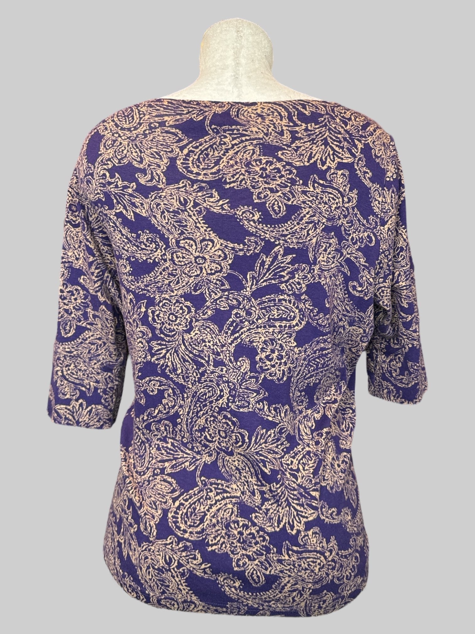 2X purple and yellow paisley pattern shirt, has stretch