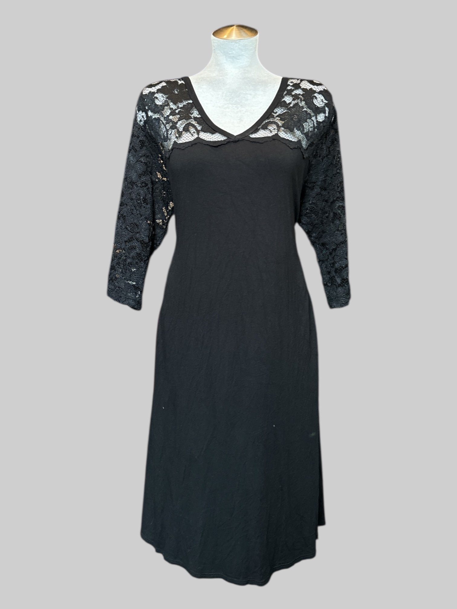 2X stretchy and flowy black dress with sheer lace floral sleeves, chest, and back