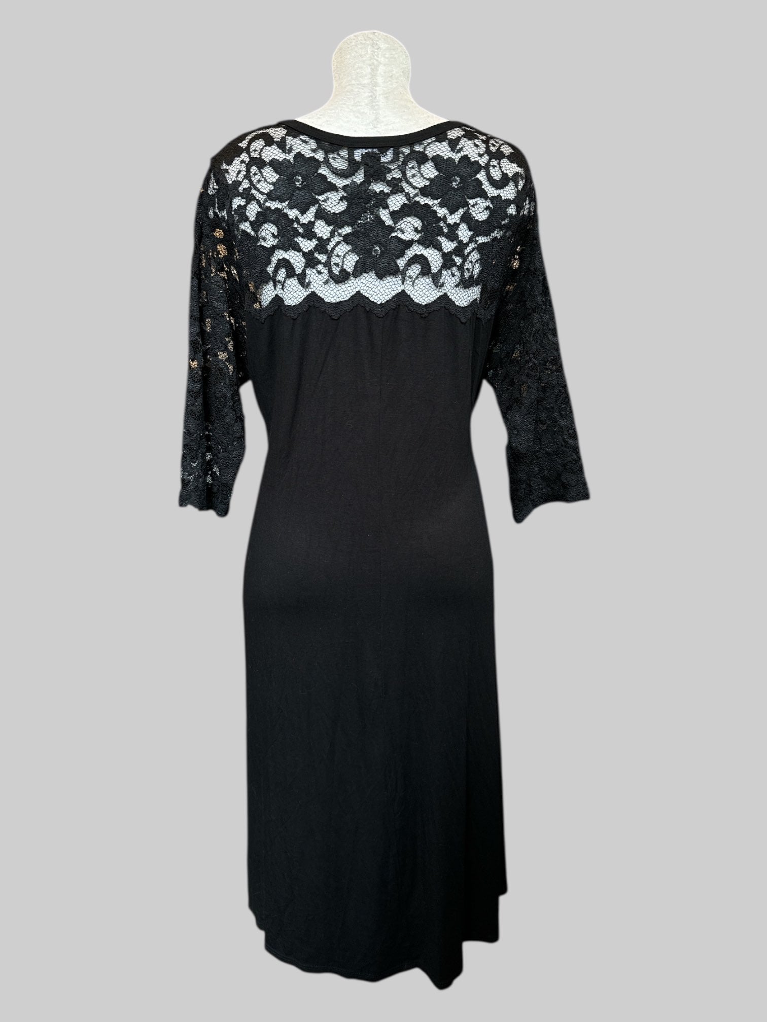 2X stretchy and flowy black dress with sheer lace floral sleeves, chest, and back