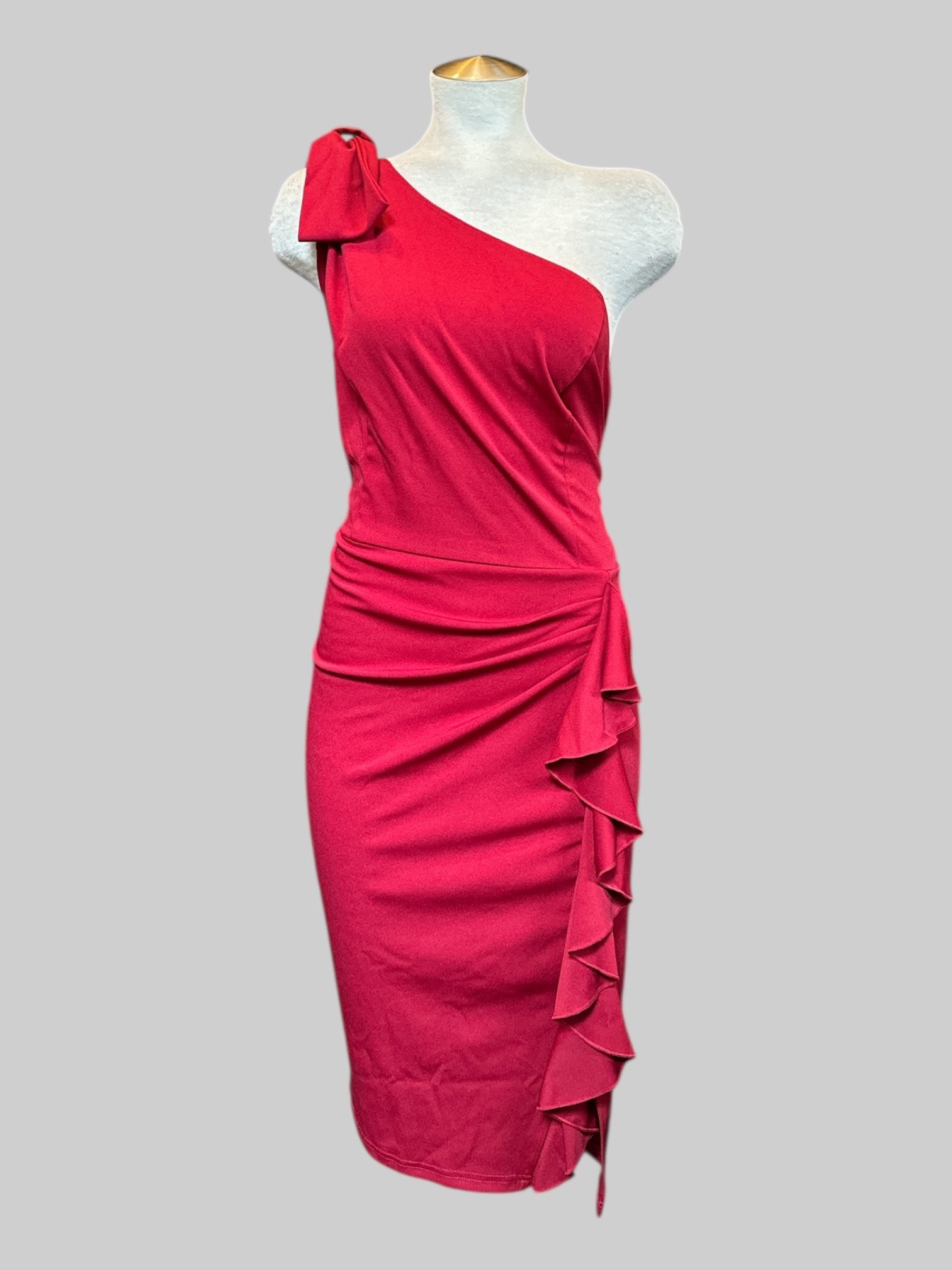 2x NWT stretchy red one shoulder dress with side ruffles and side zipper