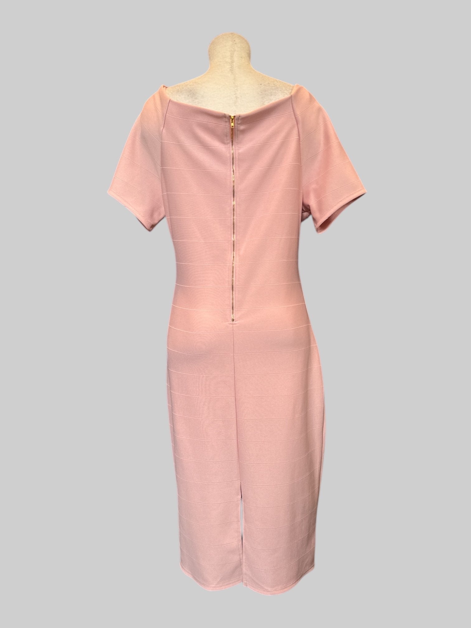 1x light pink stretchy body Con dress with slightly off the shoulder sleeves and back zipper,