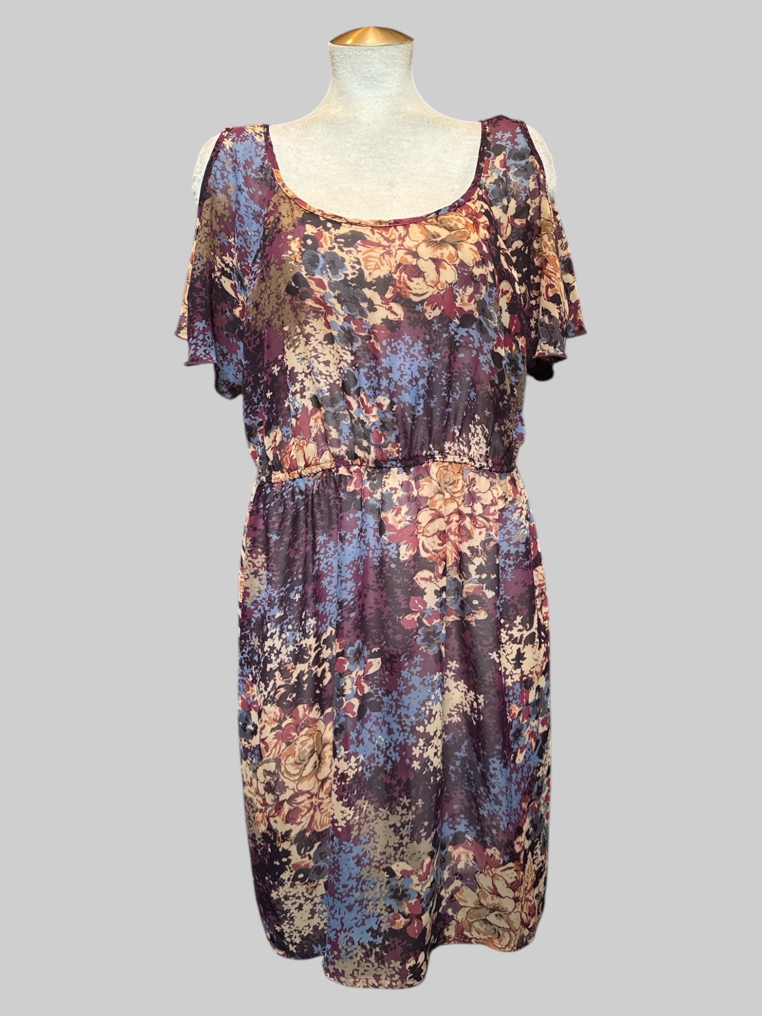 1X multicolor floral pattern sheer dress with cold shoulders