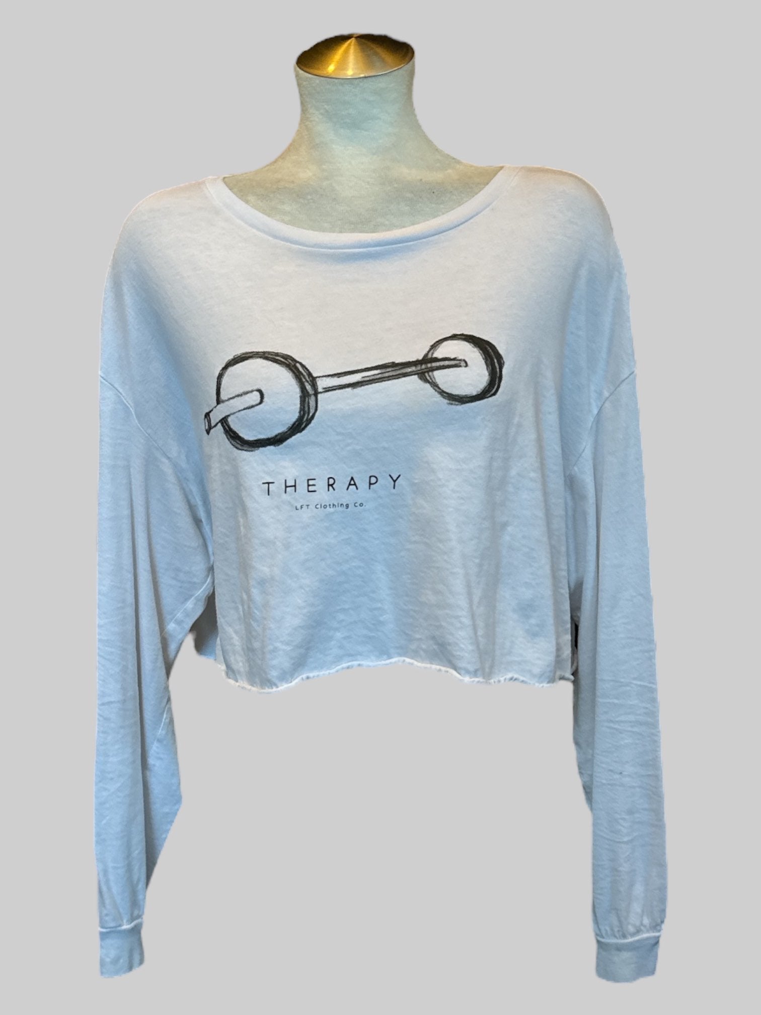 1X white long sleeve crop top with barbell graphic