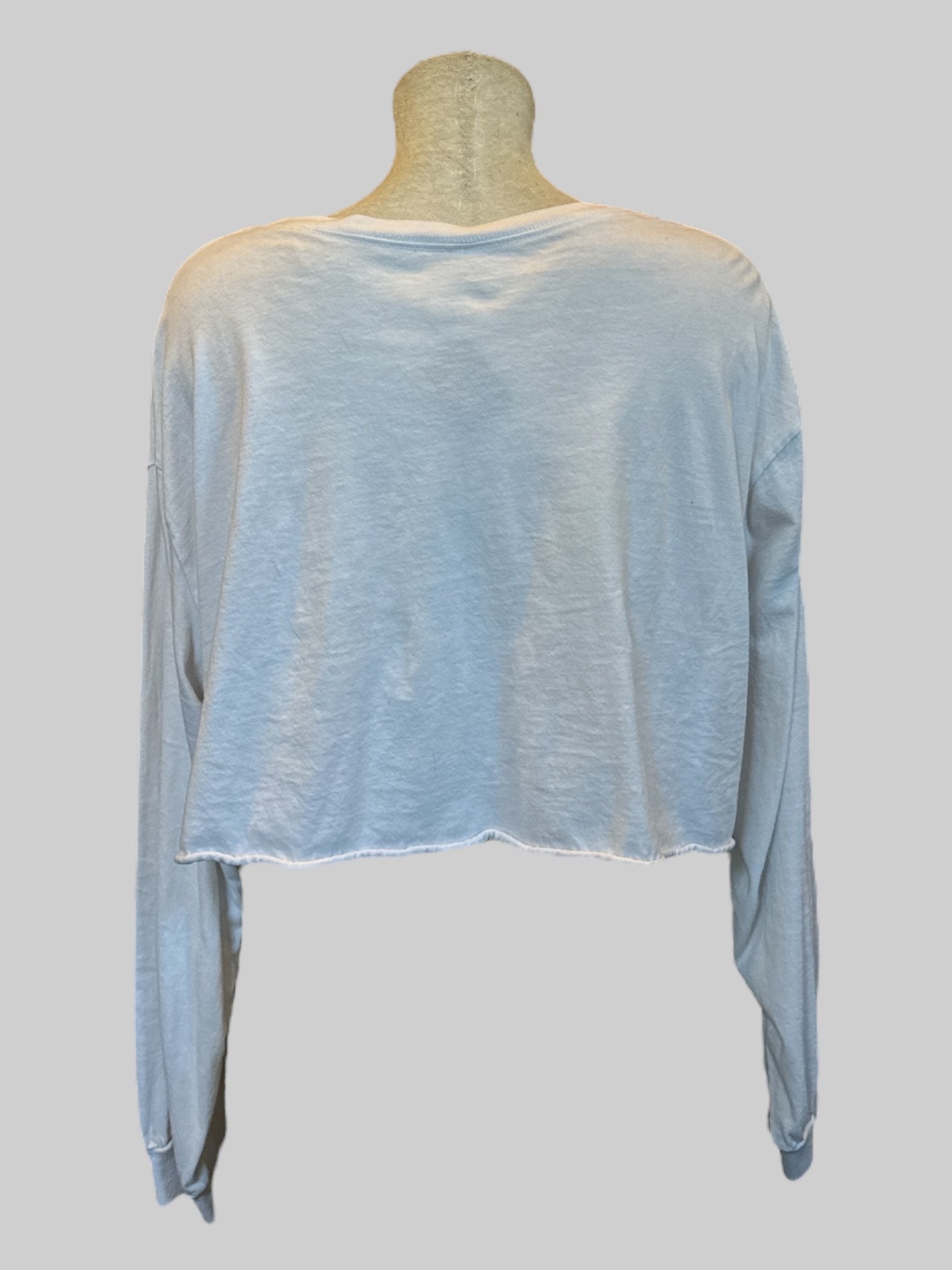 1X white long sleeve crop top with barbell graphic