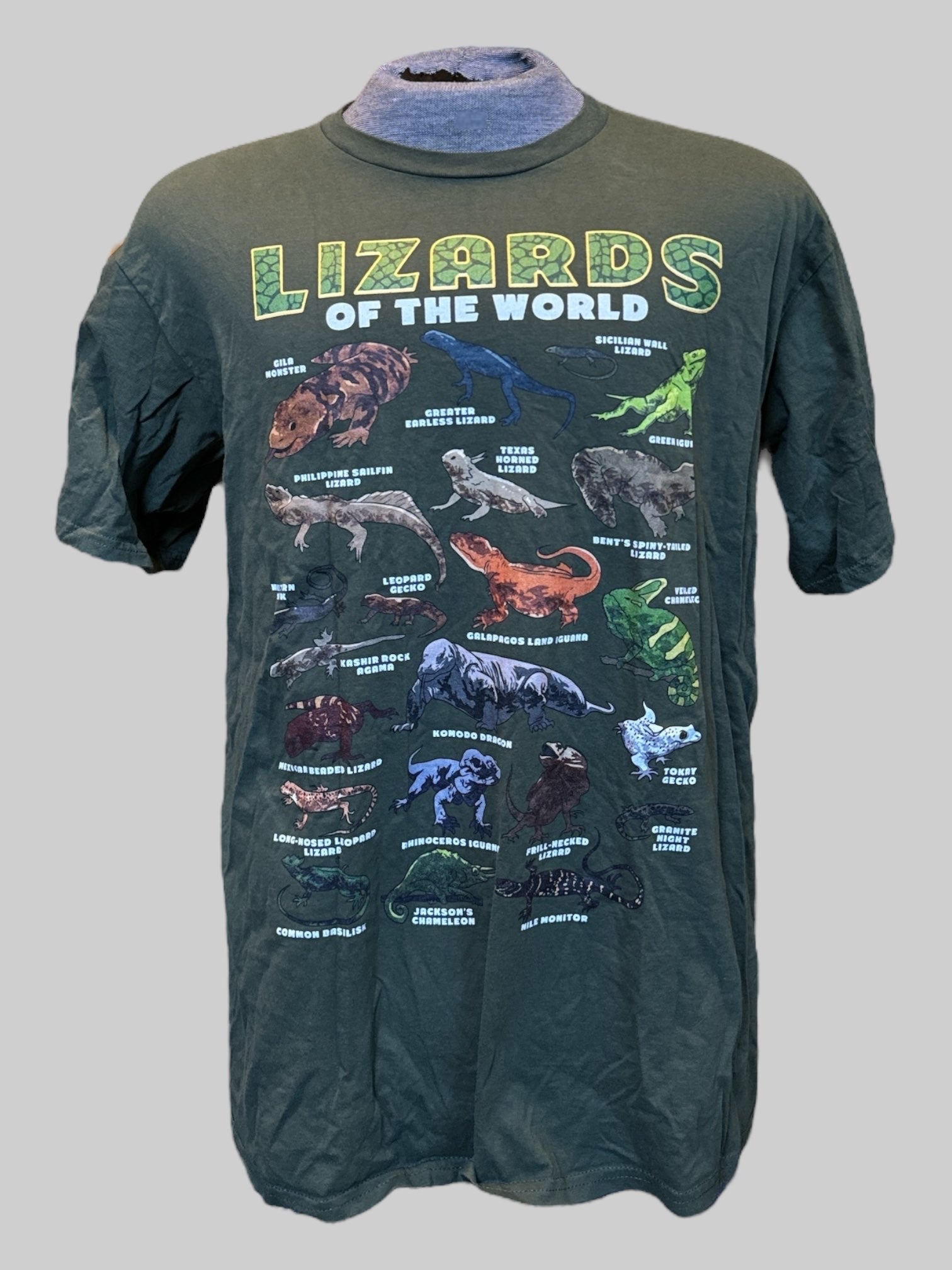 1X dark green “lizards of the world” graphic tee