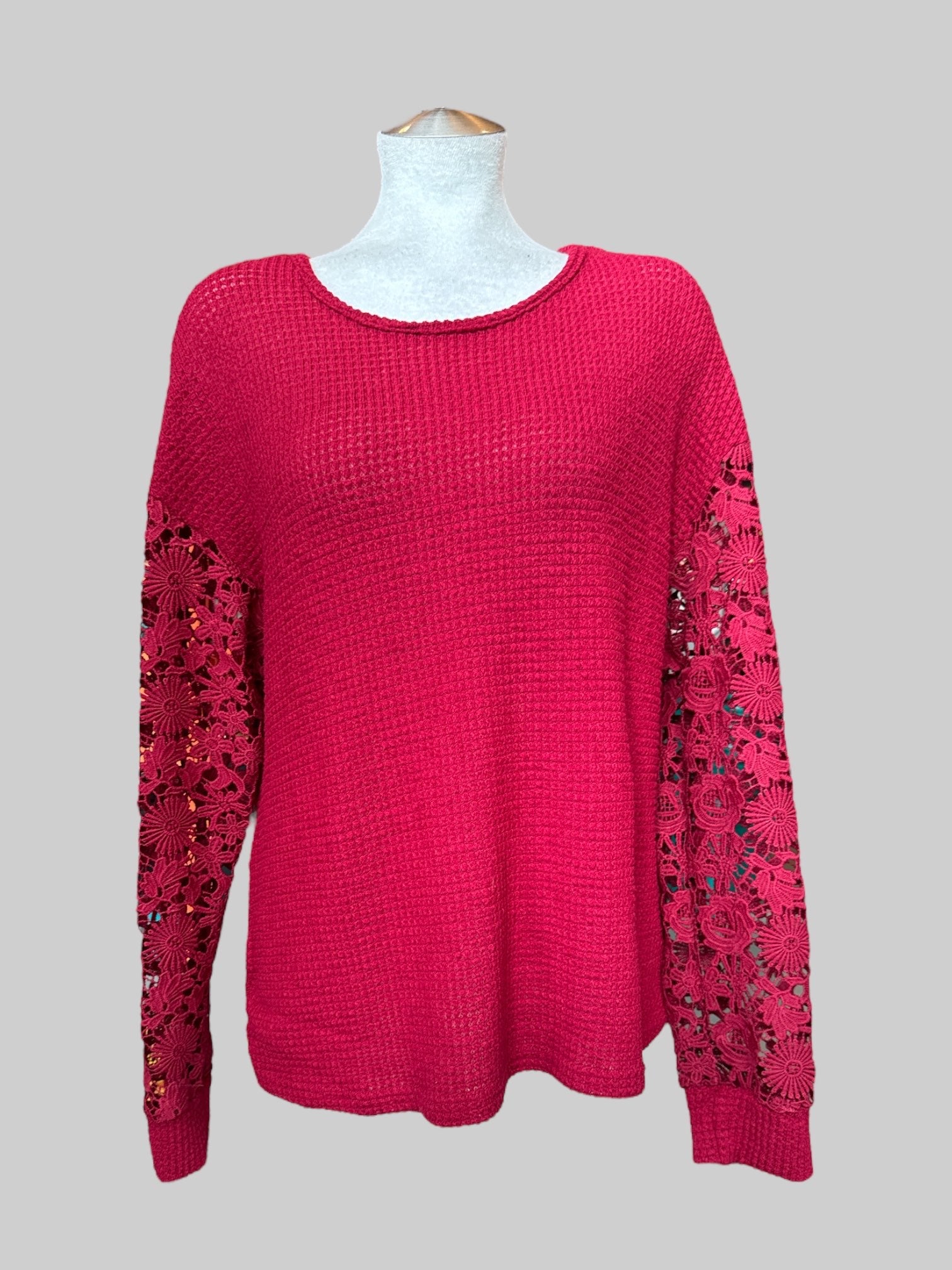 0X red waffle knit sweater with lace sleeves and open back