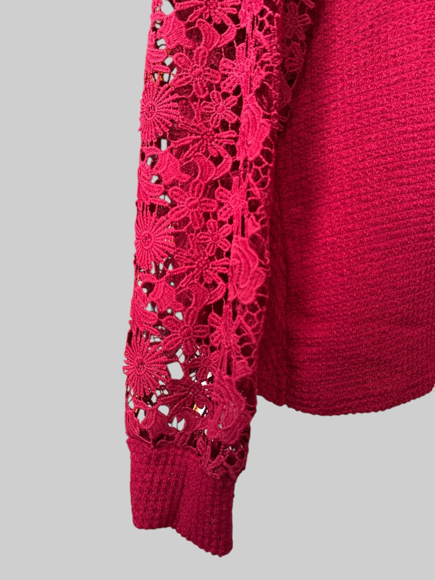 0X red waffle knit sweater with lace sleeves and open back