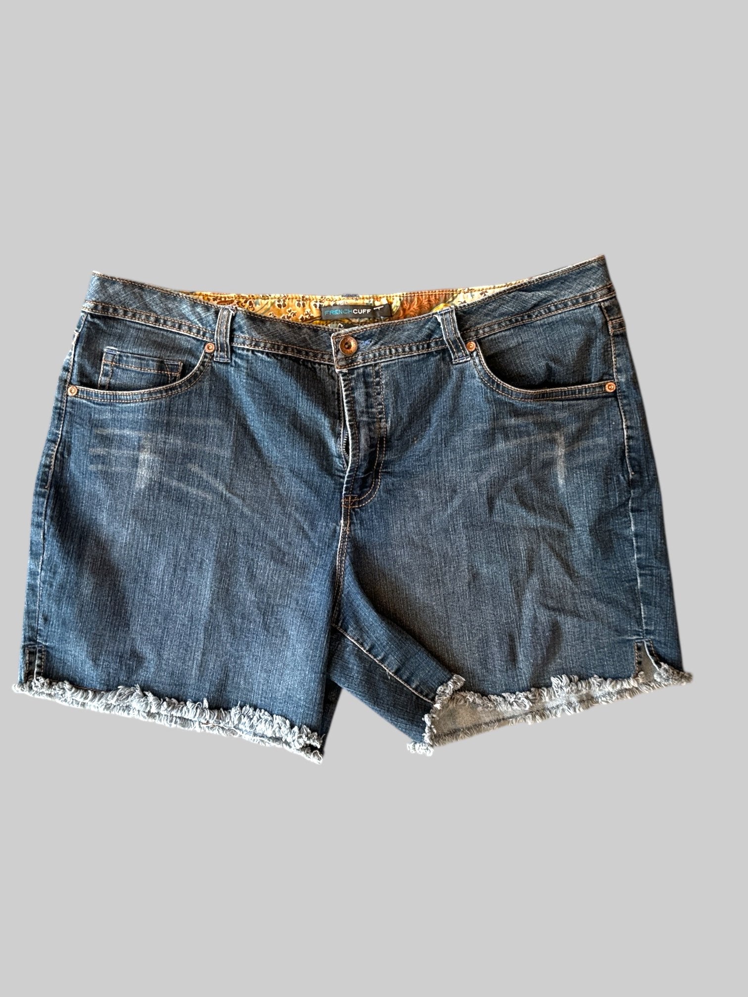 XL dark wash, cut off shorts