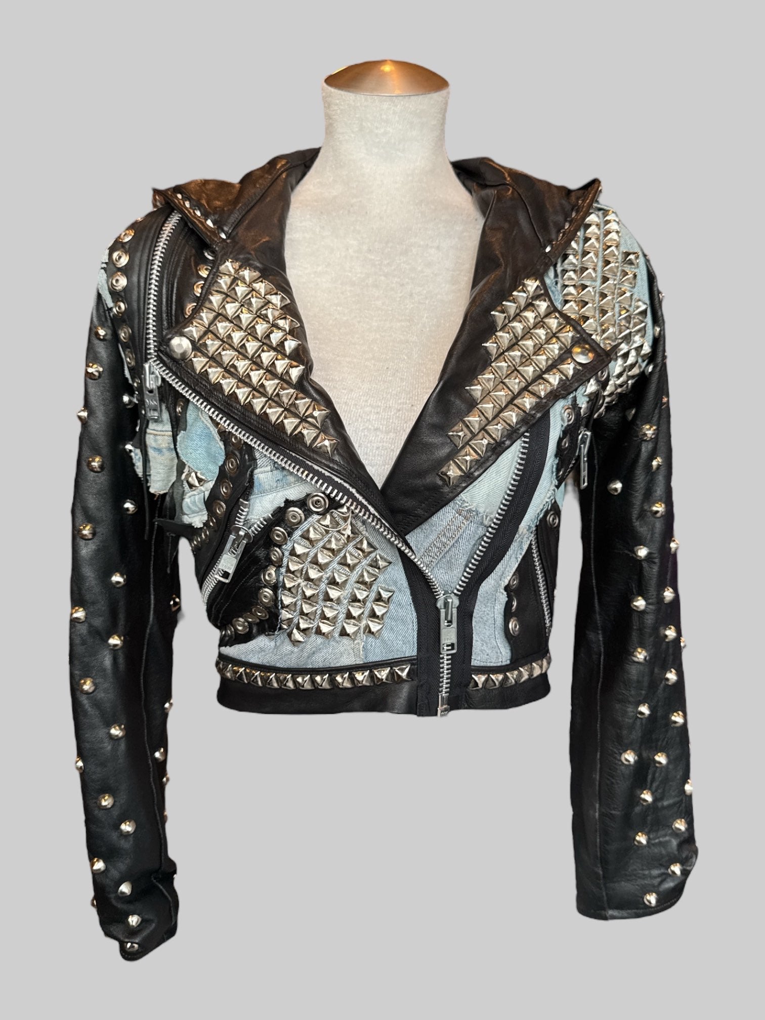 S Toxic Vision one of a kind designer handmade leather jacket with studs and hood