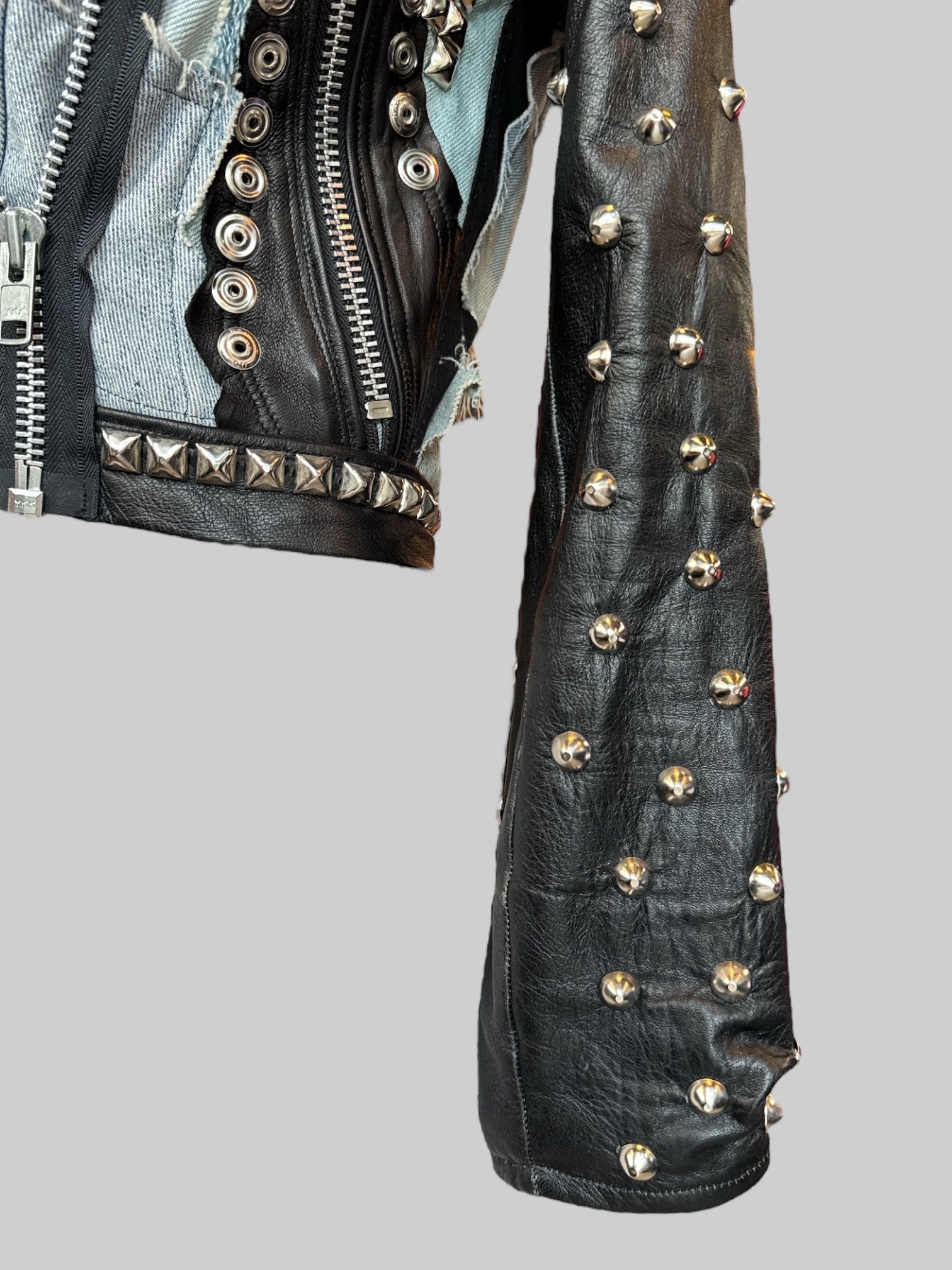 S Toxic Vision one of a kind designer handmade leather jacket with studs and hood