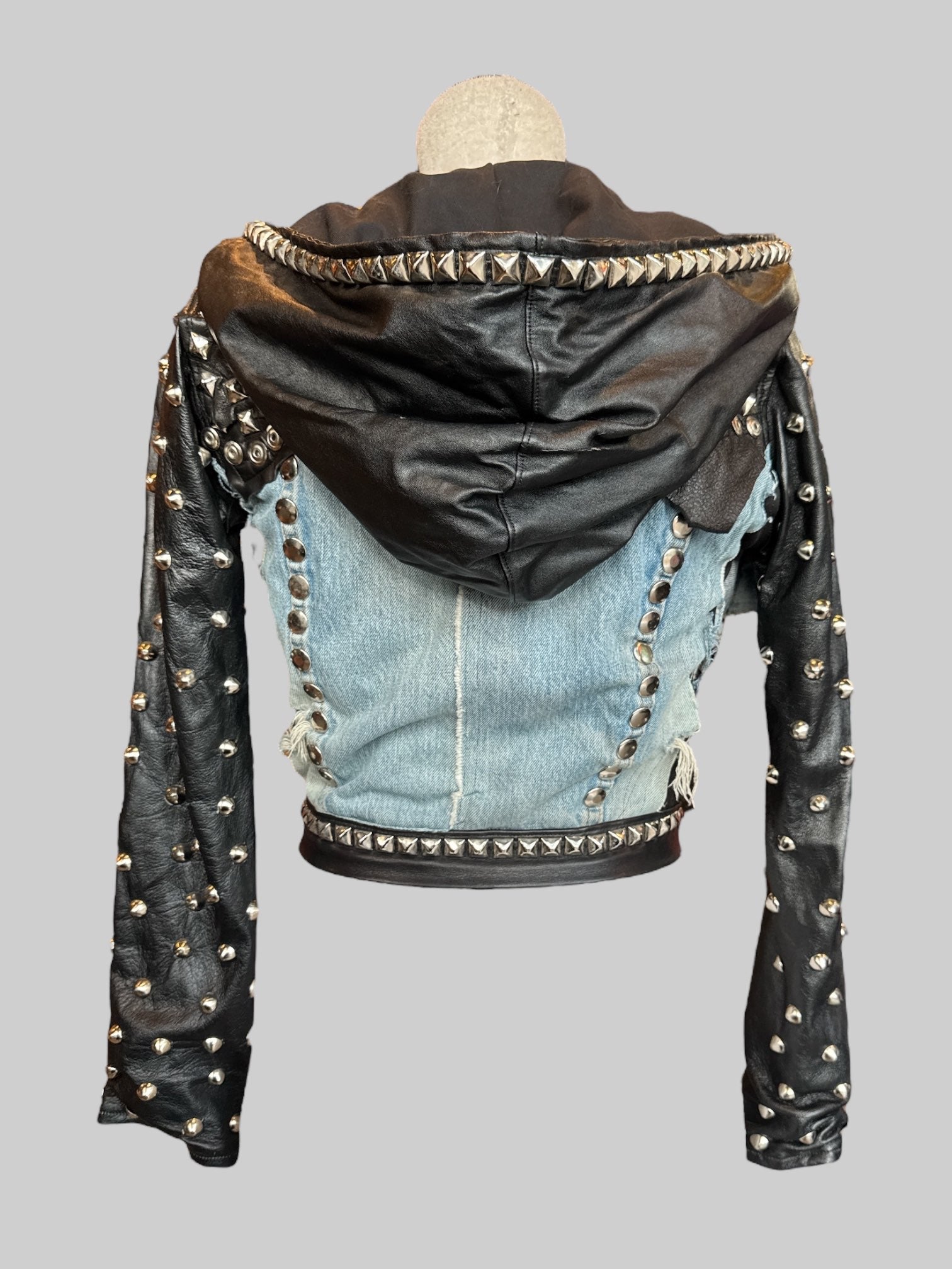 S Toxic Vision one of a kind designer handmade leather jacket with studs and hood
