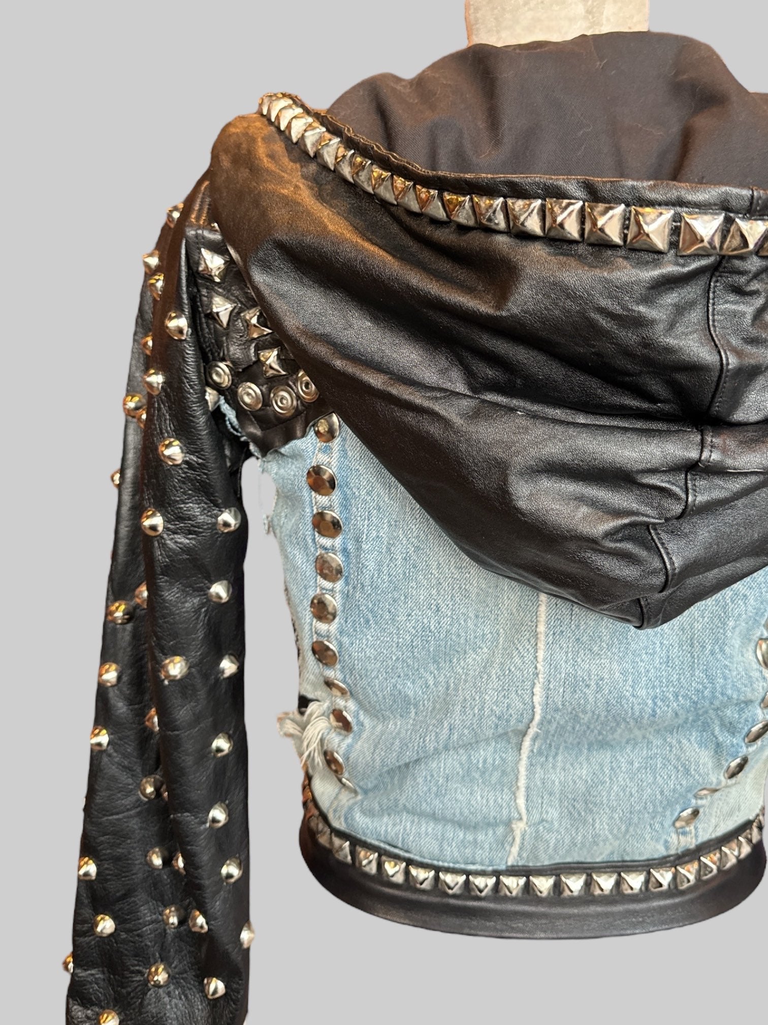 S Toxic Vision one of a kind designer handmade leather jacket with studs and hood