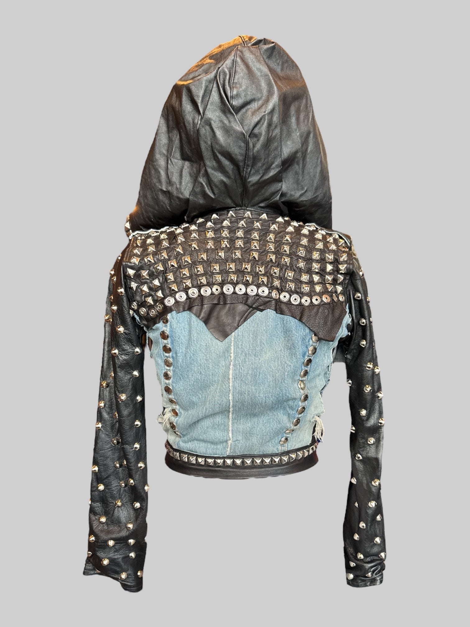 S Toxic Vision one of a kind designer handmade leather jacket with studs and hood