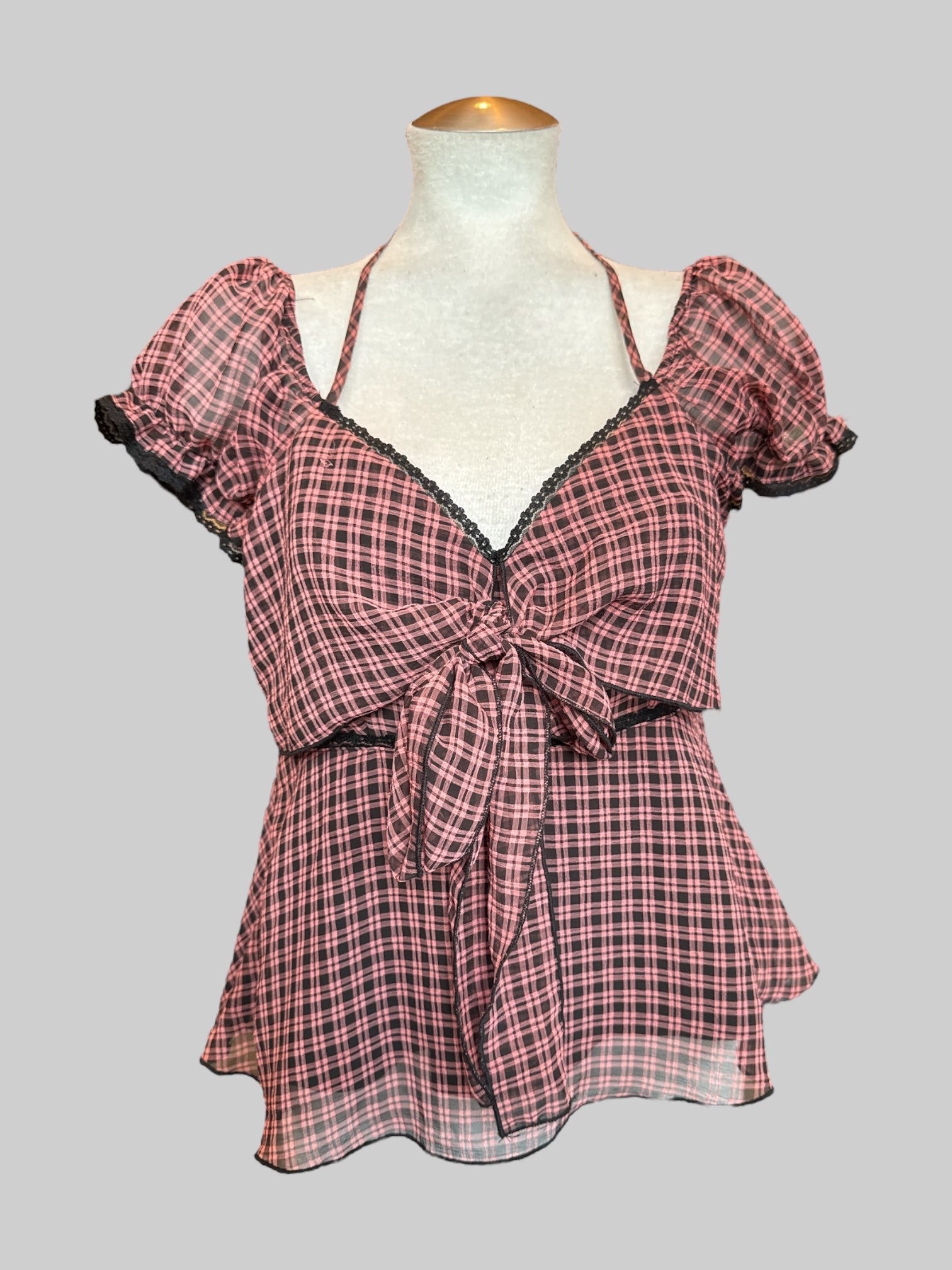 L black and pink plaid blouse with different ties and side zipper closure