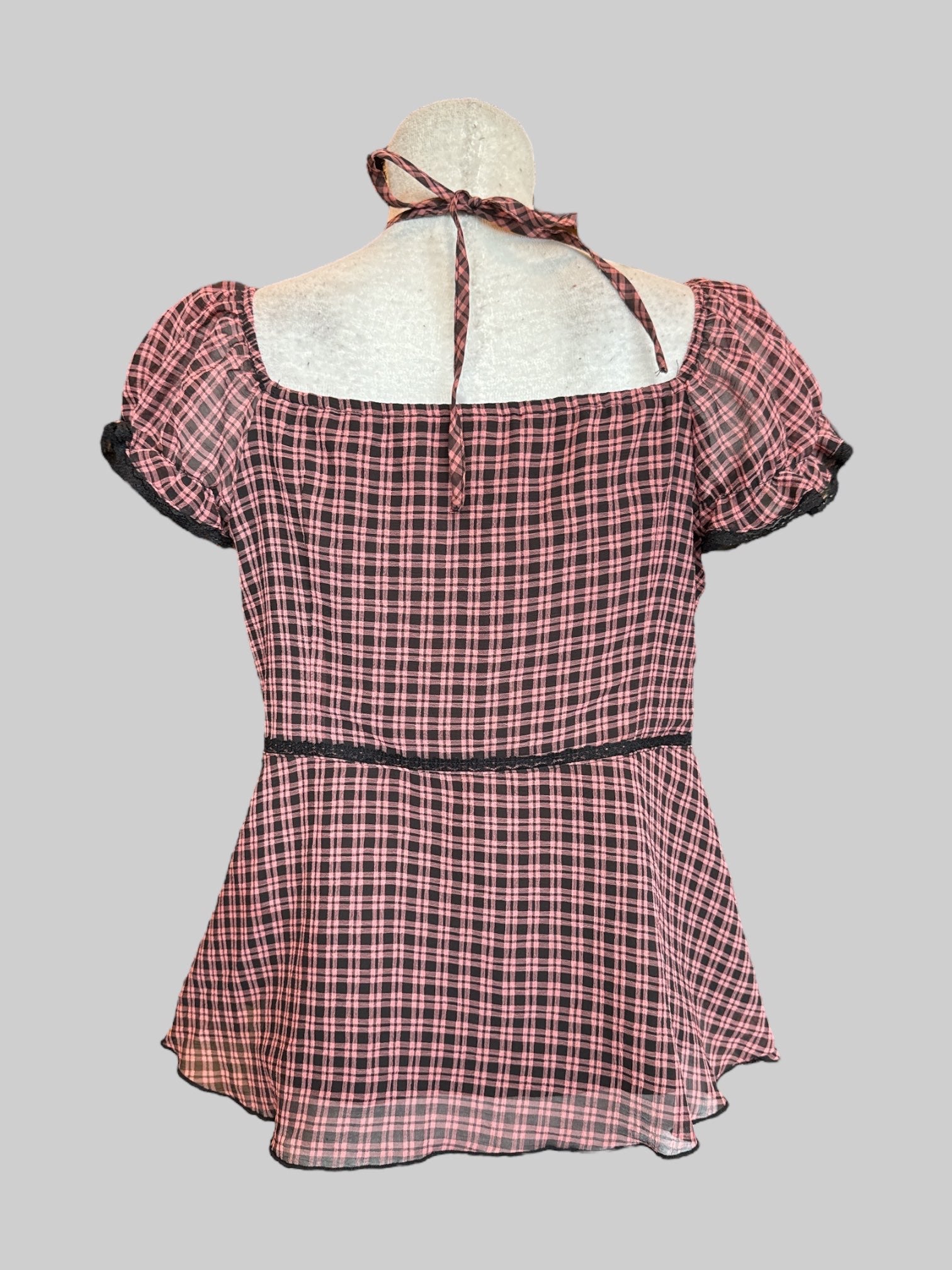 L black and pink plaid blouse with different ties and side zipper closure