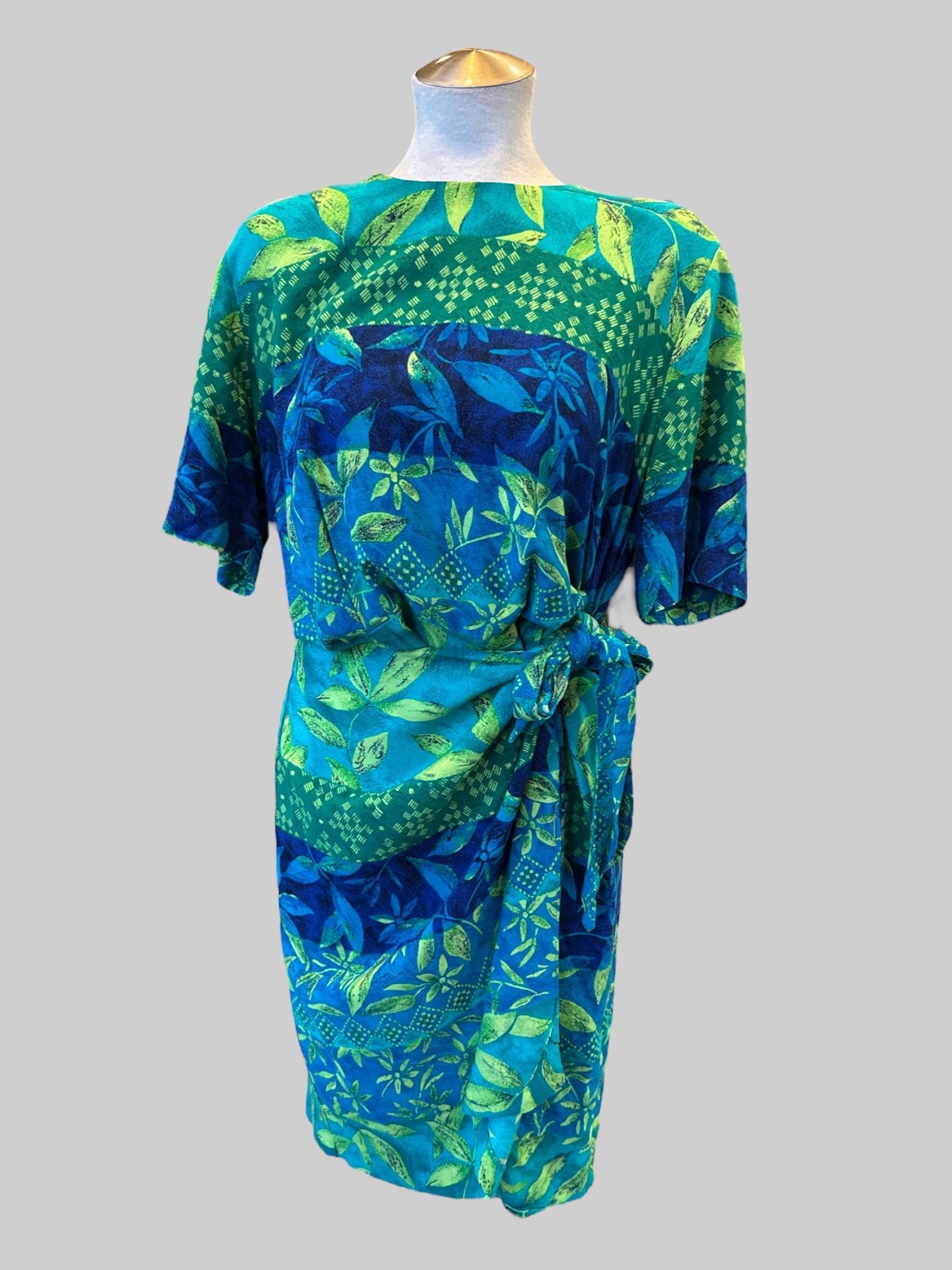 L Vintage 80s green and blue botanical pattern faux wrap dress