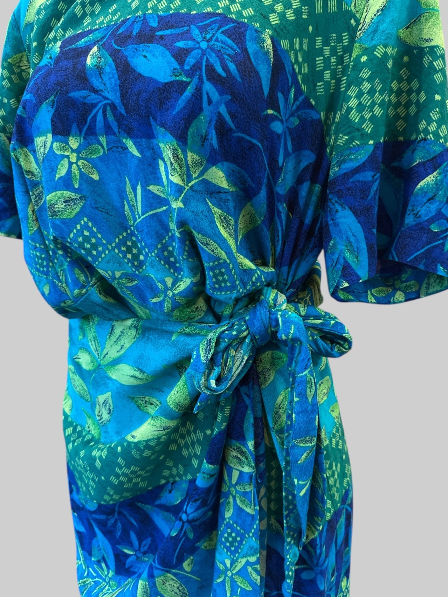 L Vintage 80s green and blue botanical pattern faux wrap dress