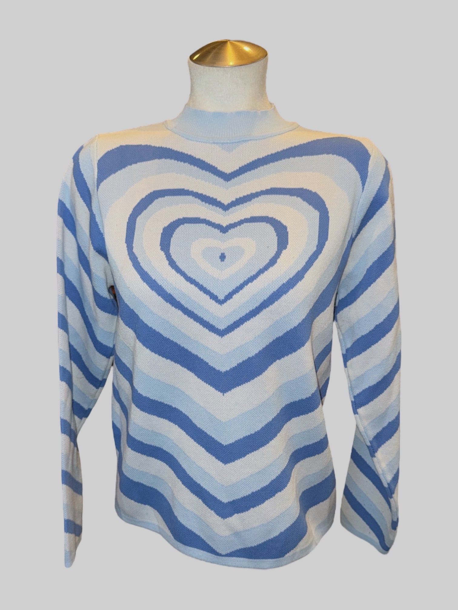 L Blue striped heart print pullover sweater