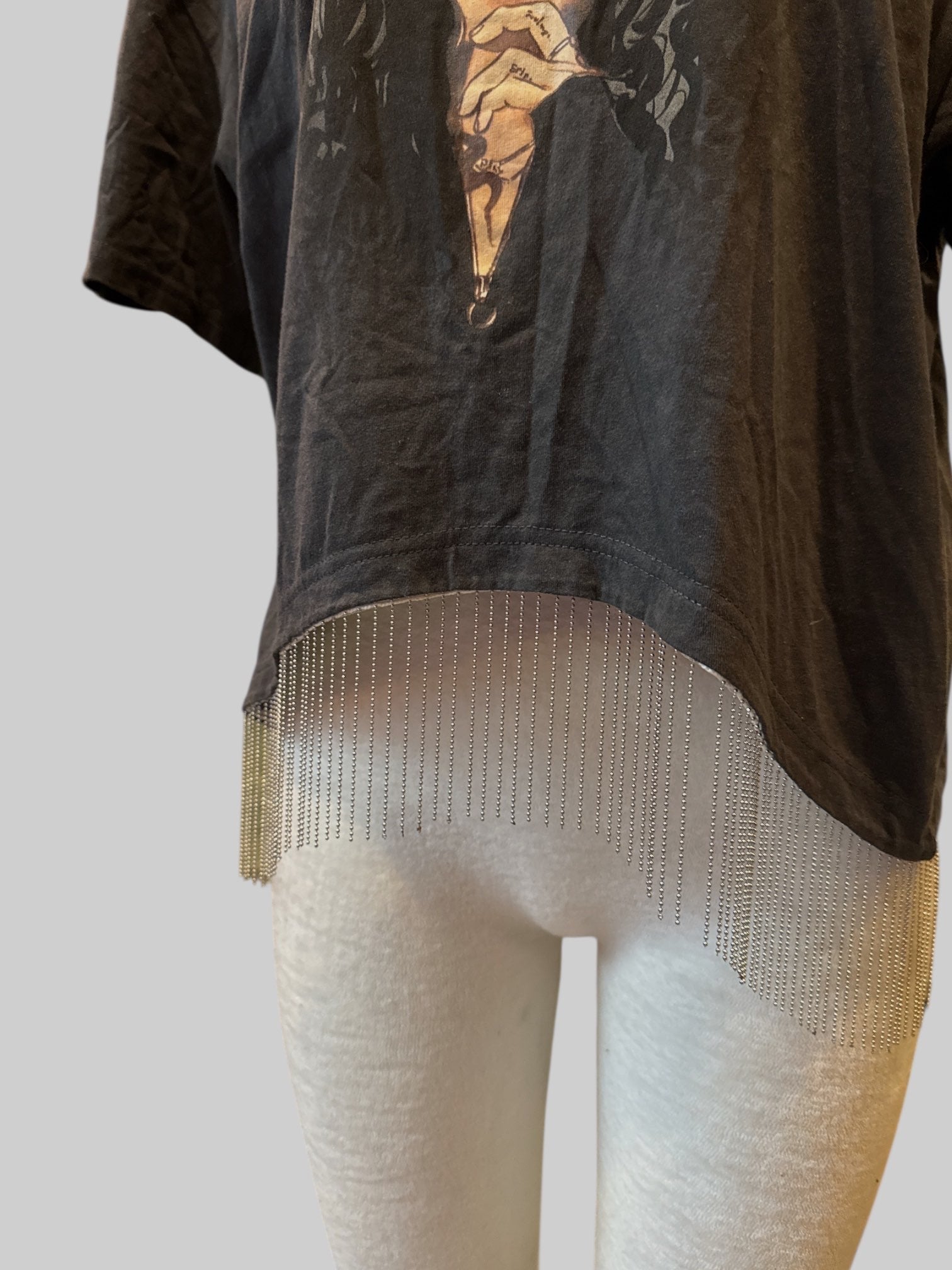 XL Official HER merch gray cropped tee with metal fringe