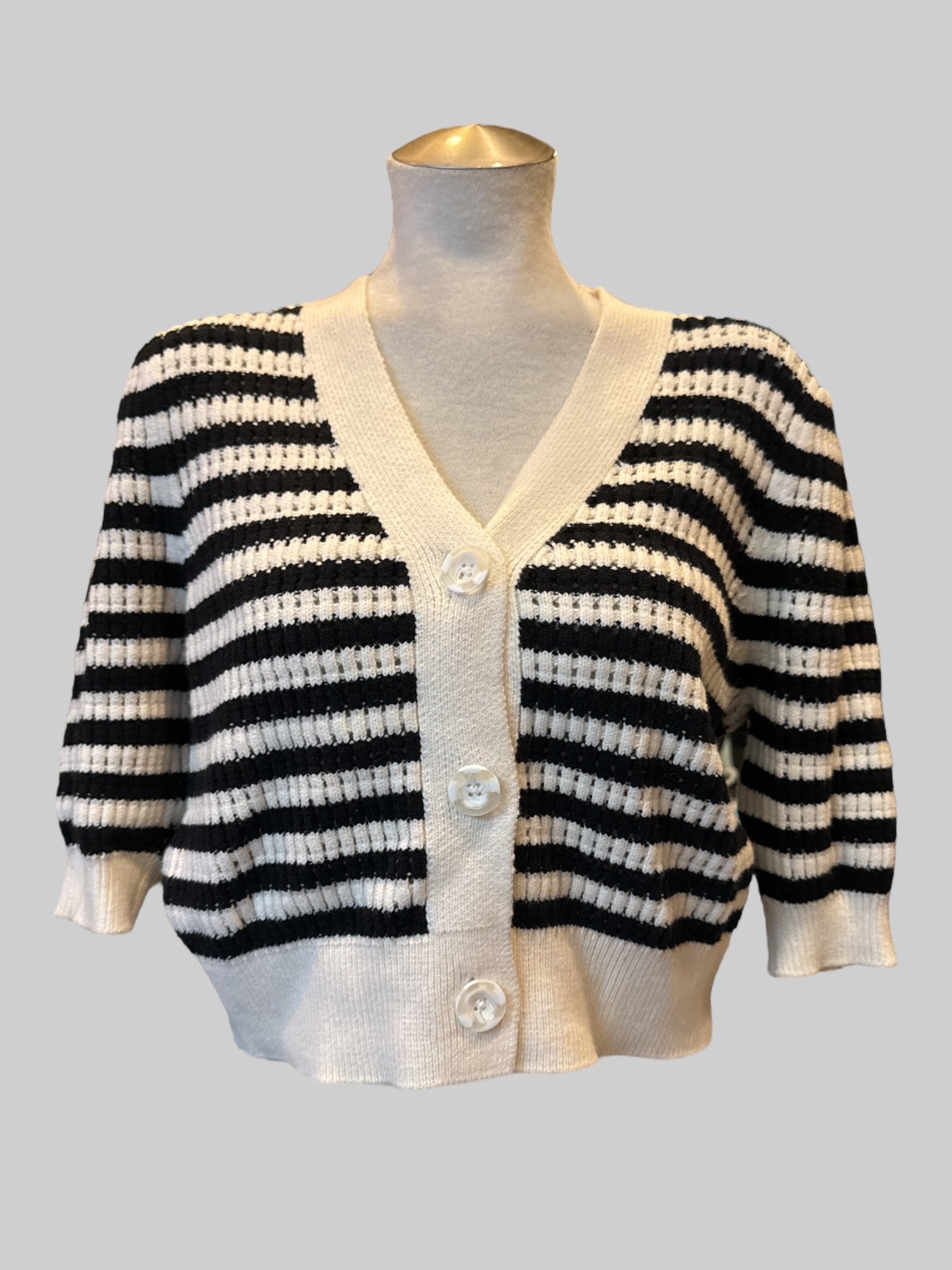 XL Cream and black striped chunky knit short sleeve cropped sweater