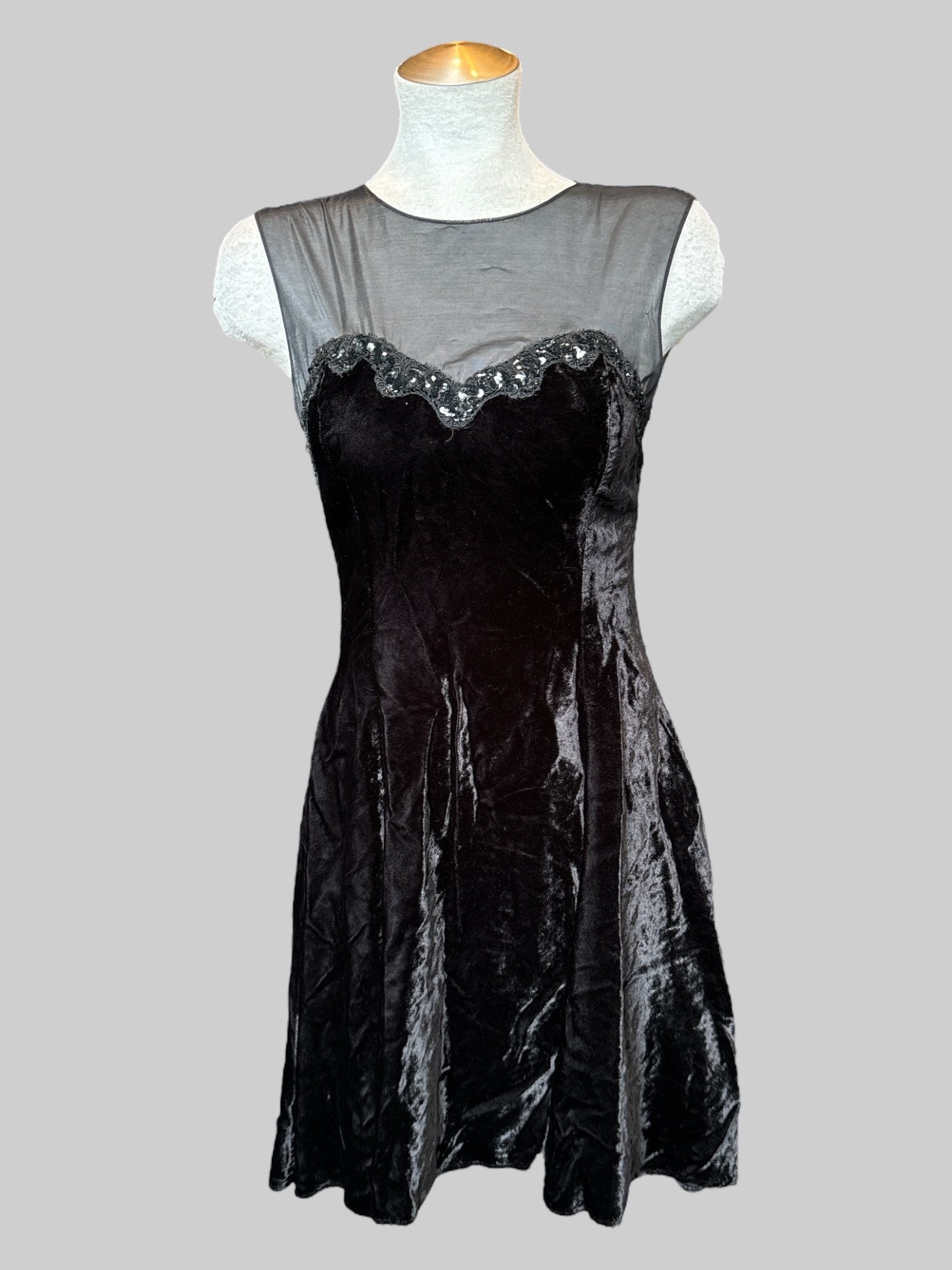 XS Vintage black velvet dress with sheer chest, sequins, embroidery, and back zipper