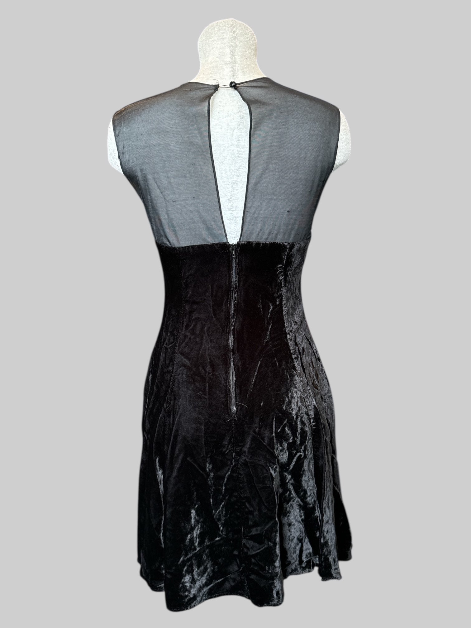 XS Vintage black velvet dress with sheer chest, sequins, embroidery, and back zipper