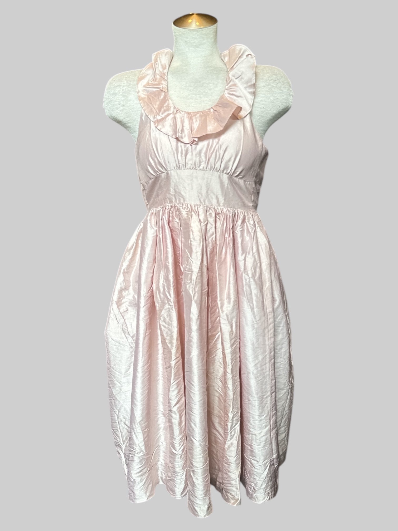 XS Light pink dress with ruffles, halter tie, and back zipper