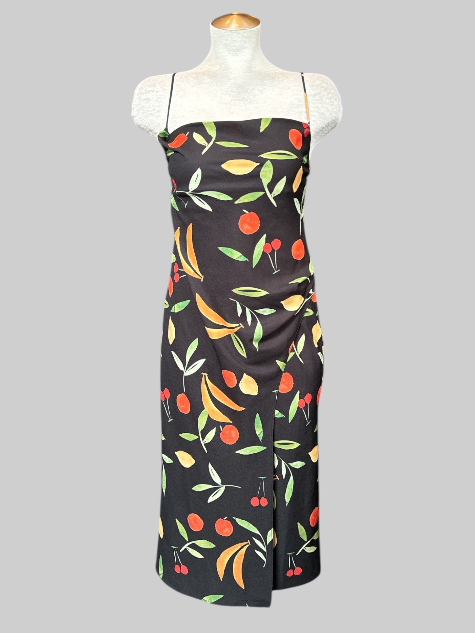XS Black dress with fruit pattern, and leg slit
