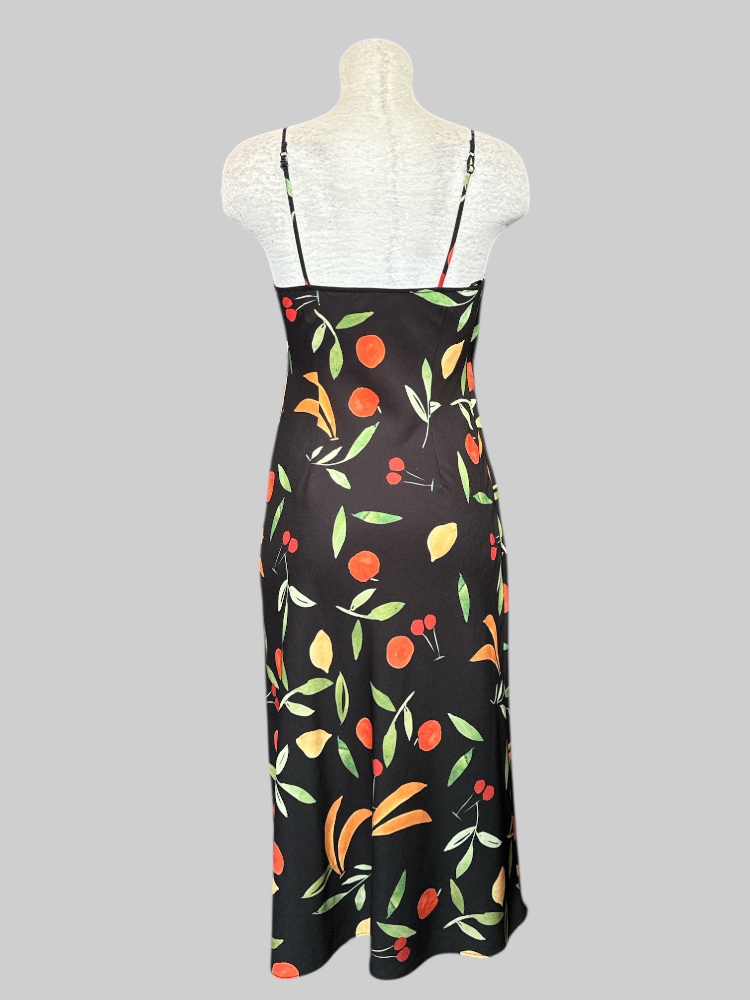 XS Black dress with fruit pattern, and leg slit