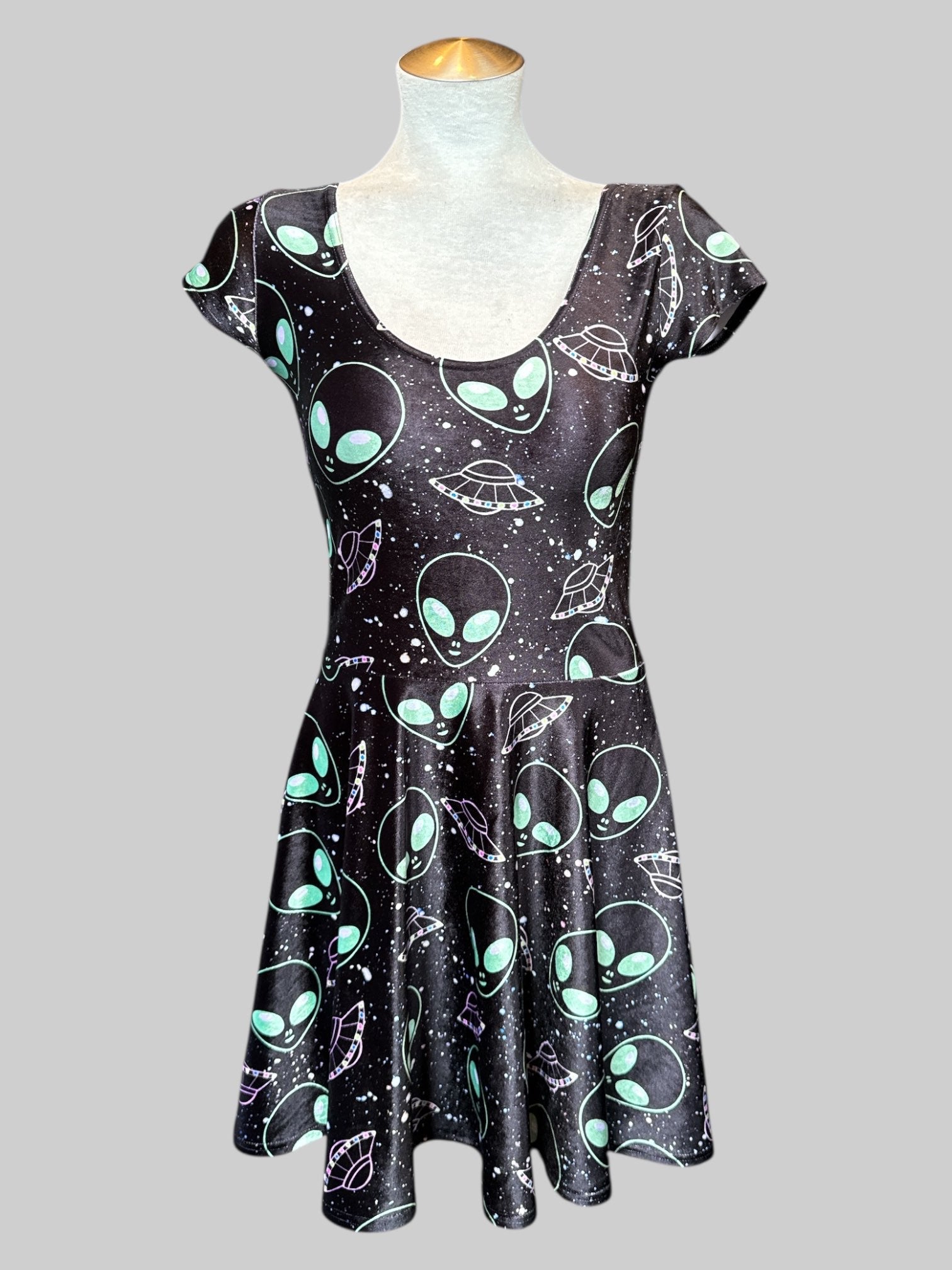 S BlackMilk Black velvet fit and flare dress with extra terrestrial pattern