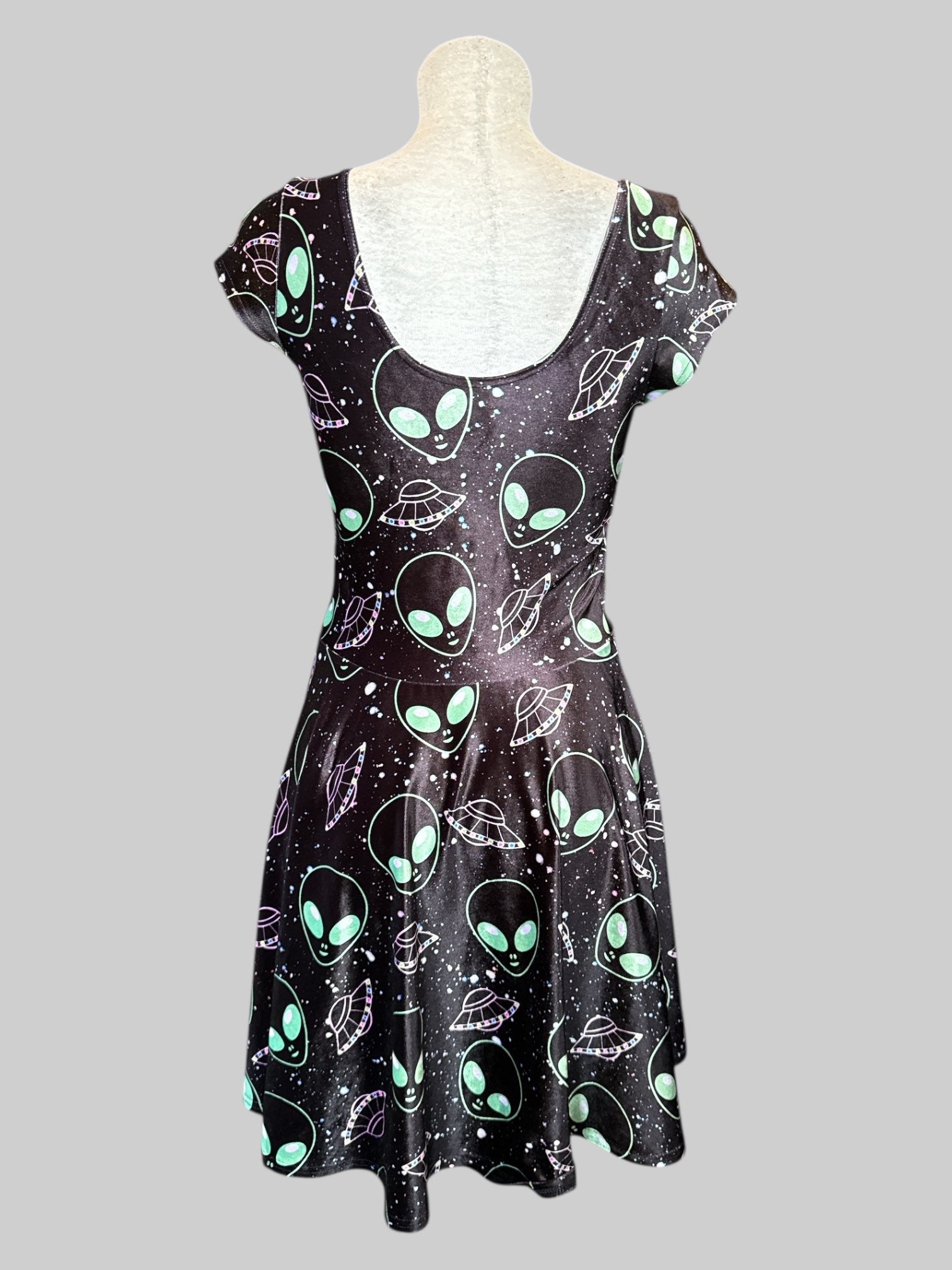 S BlackMilk Black velvet fit and flare dress with extra terrestrial pattern