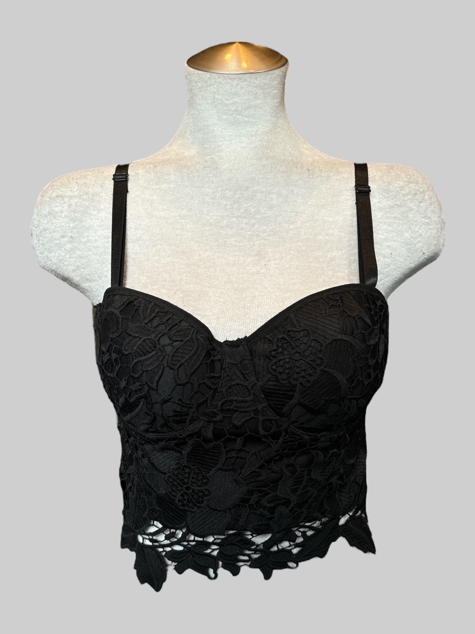 S Black bustier top with floral lace