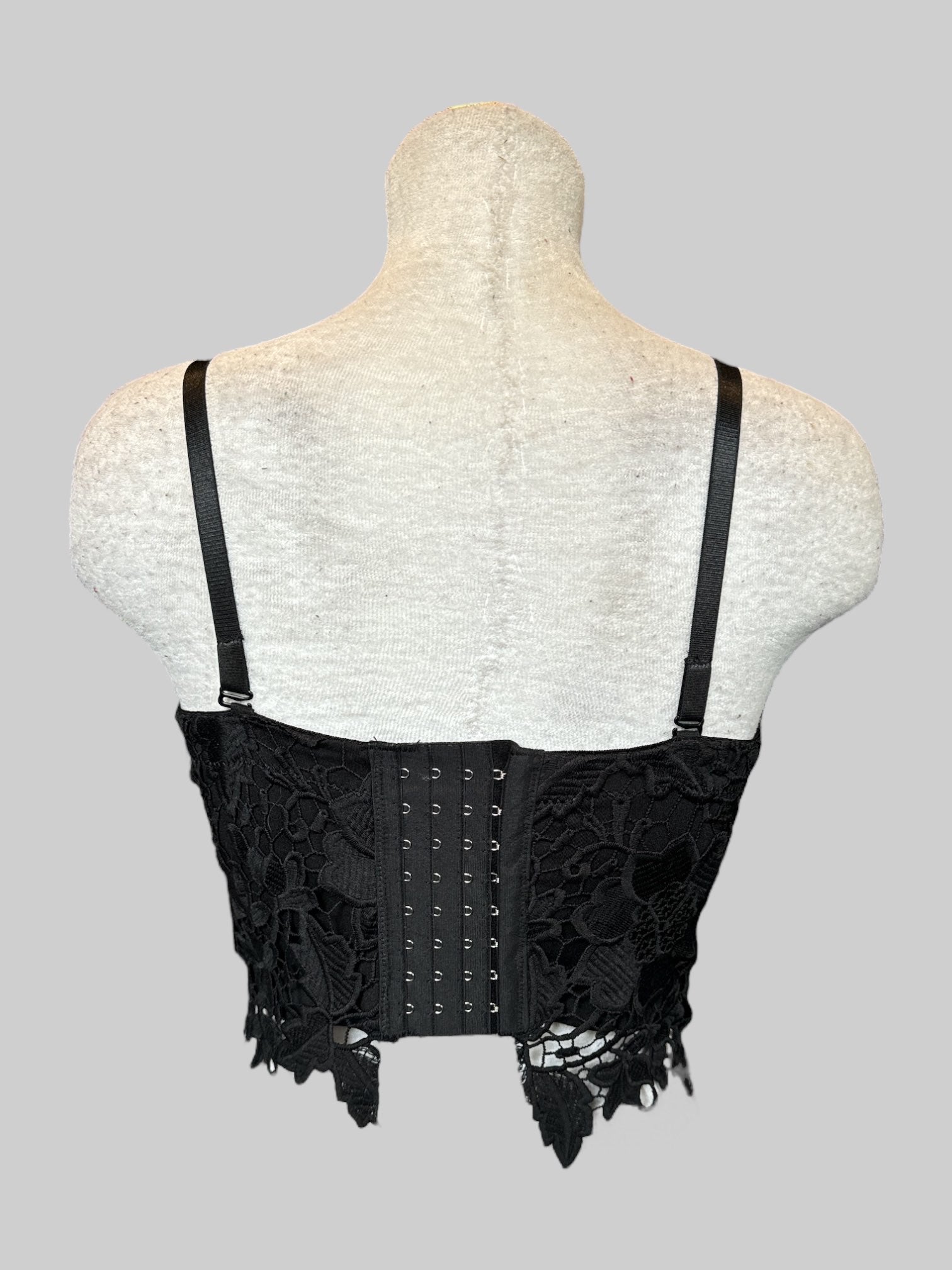 S Black bustier top with floral lace