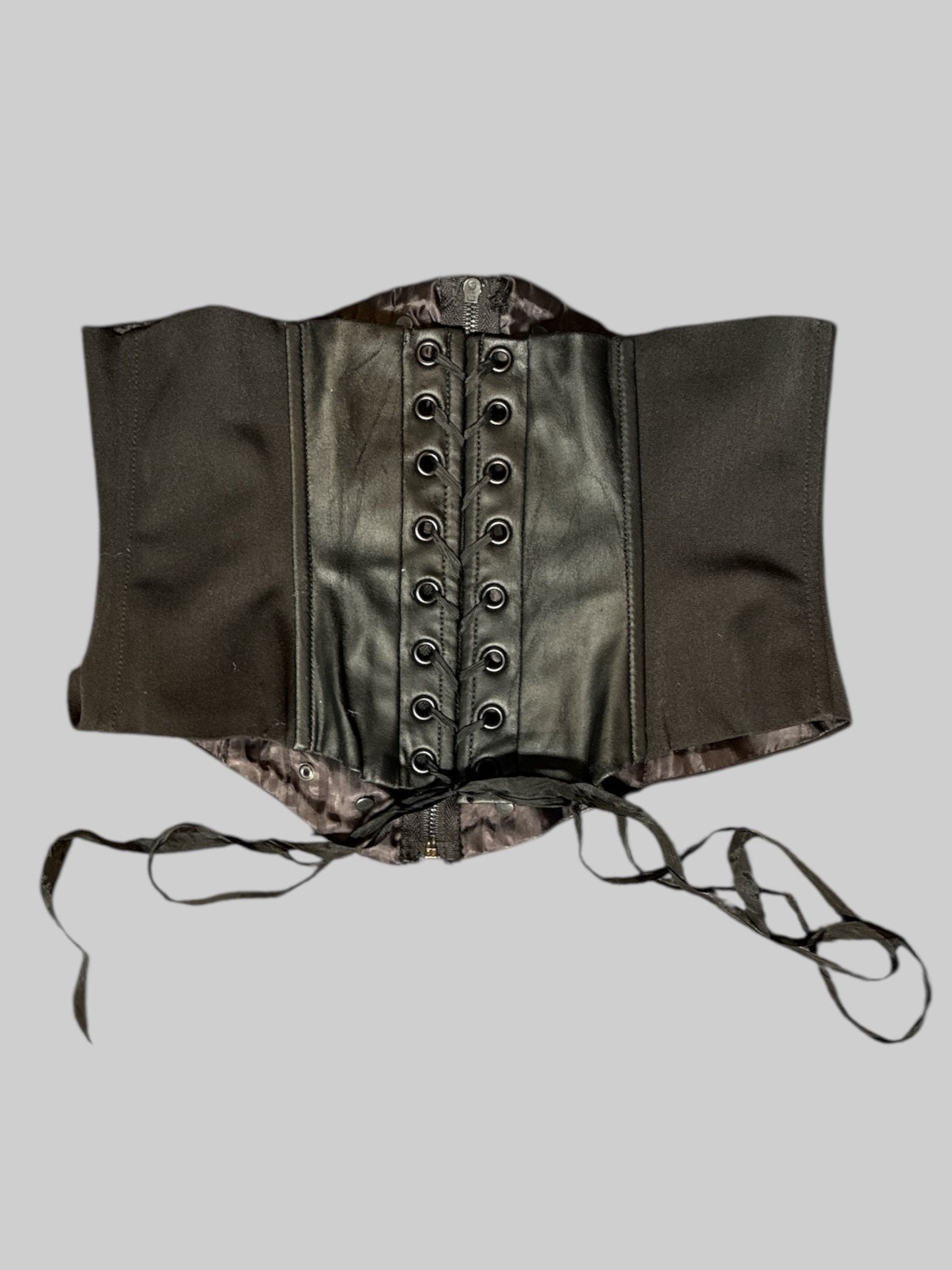 S Vintage black leather studded corset with zipper