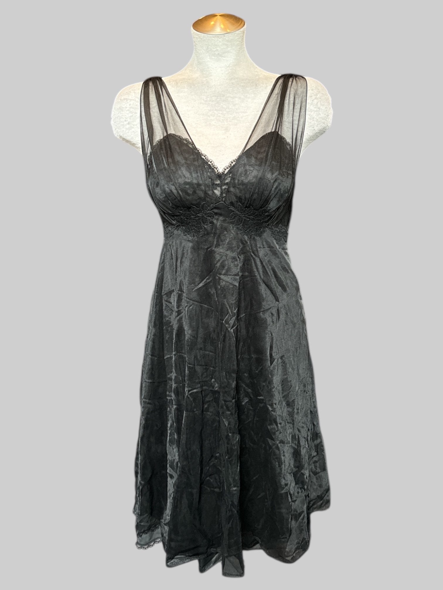 S Vintage black dress with sheer overlay, and floral lace