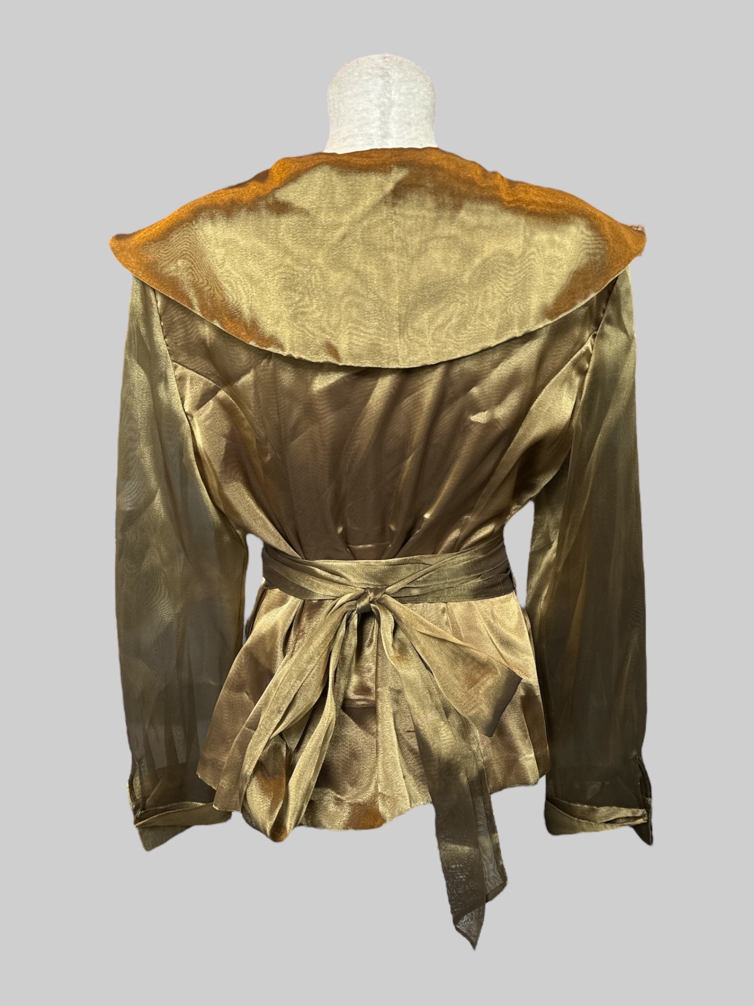 L Greenish brown satin texture wrap top with sheer sleeves and shoulder pads