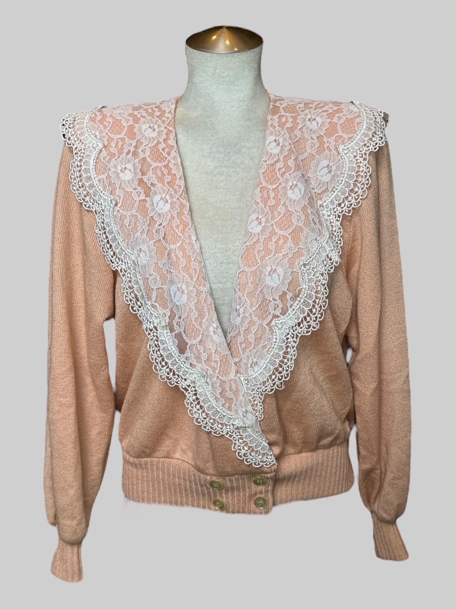 M Vintage pink orange cardigan with four buttons, floral lace, and shoulder pads