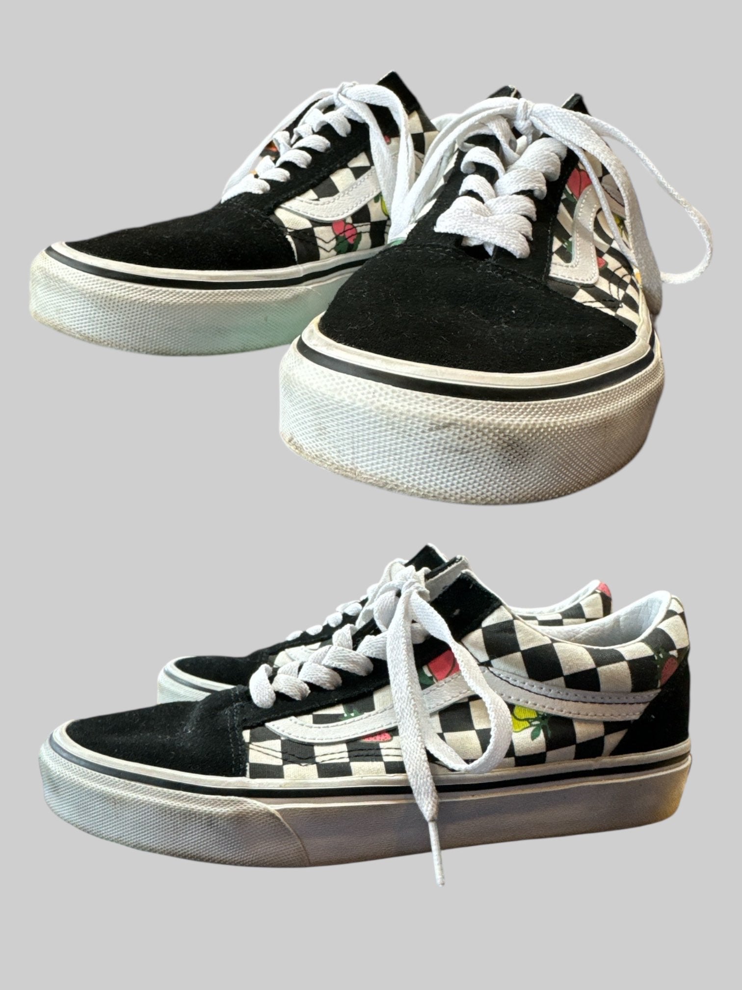 5.5 in men’s / 7 in women’s checkered vans with fruit pattern