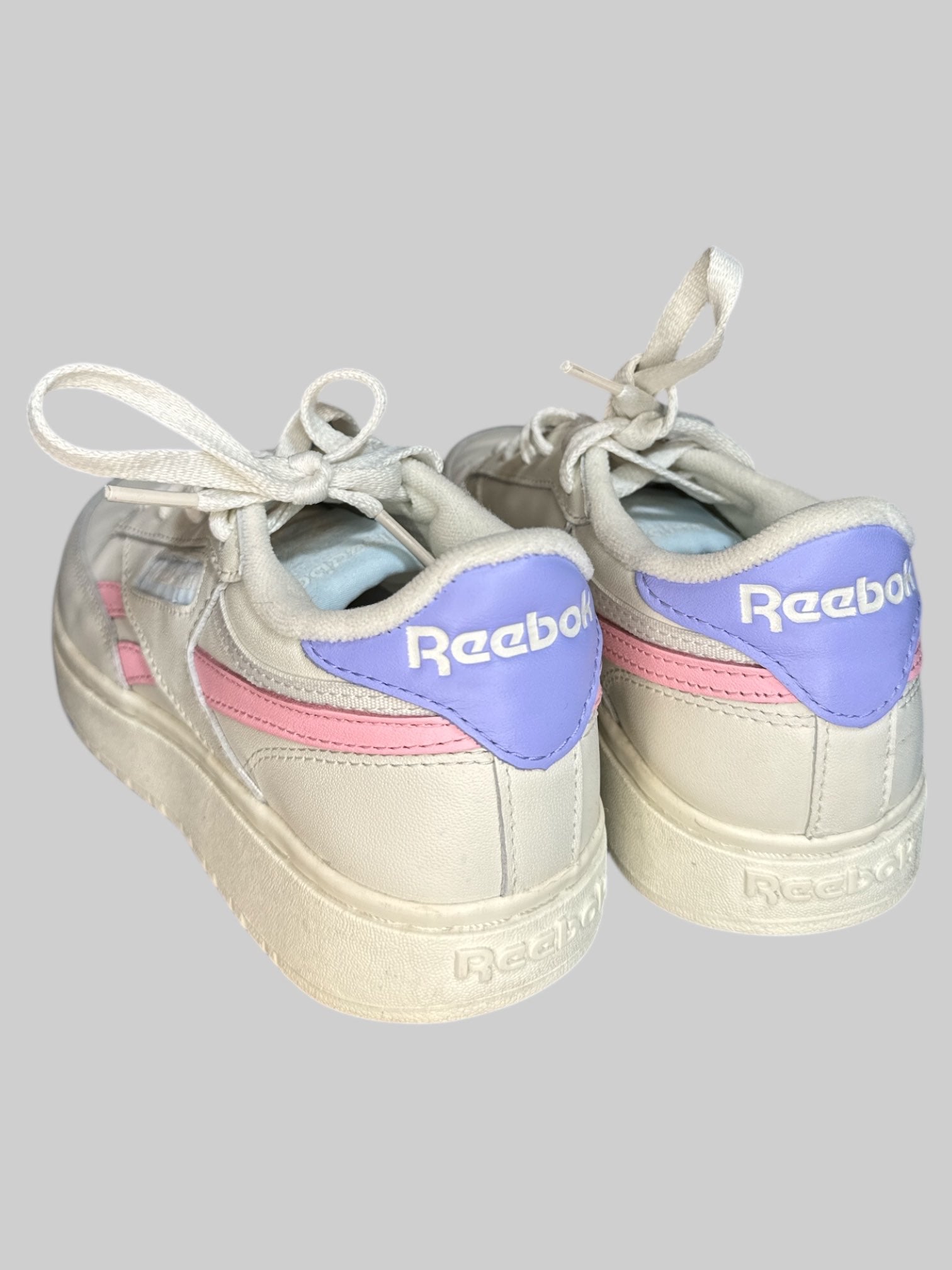 6.5 size white reebok sneakers with pastel accents