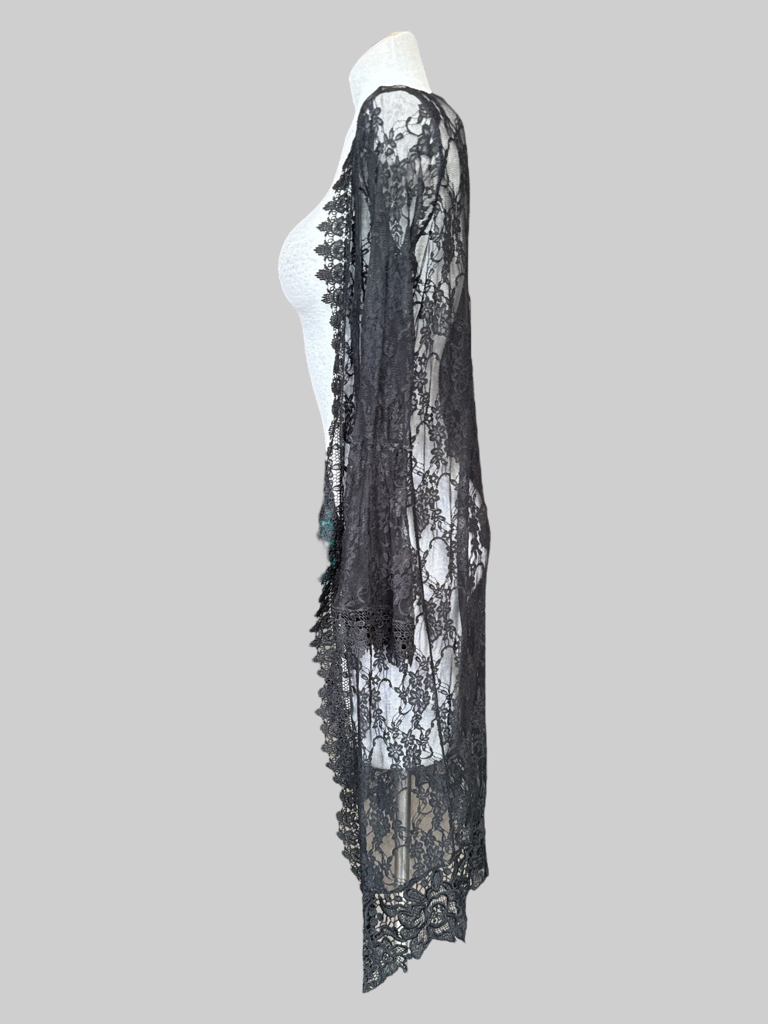 S Black lacey maxi stretchy flowy cardigan with sheer bell sleeves