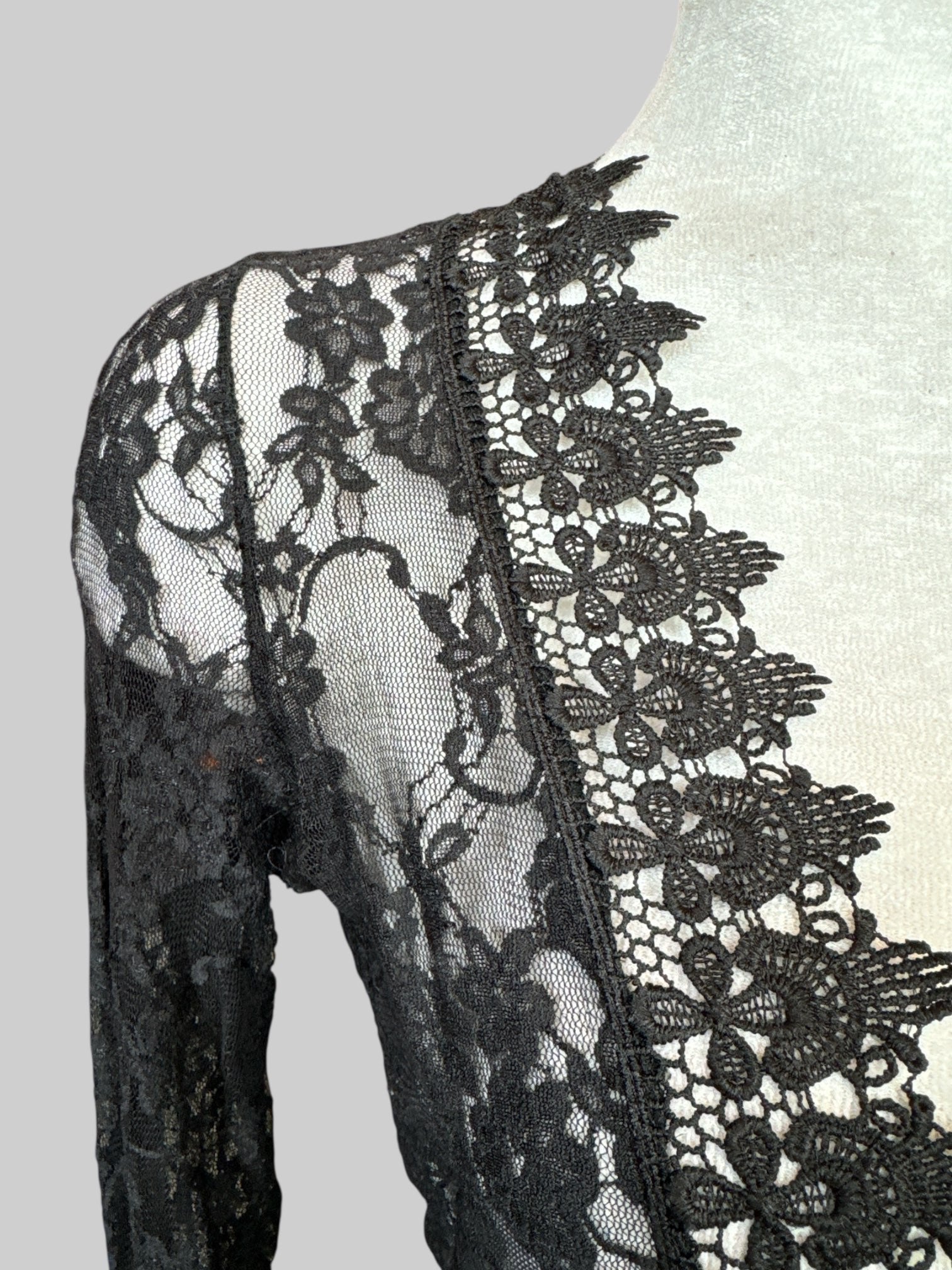 S Black lacey maxi stretchy flowy cardigan with sheer bell sleeves